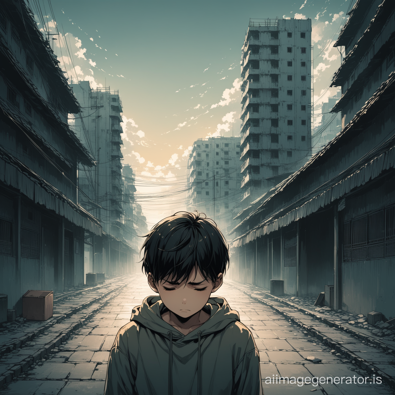 a boy taking cigrattes with sad mood background building