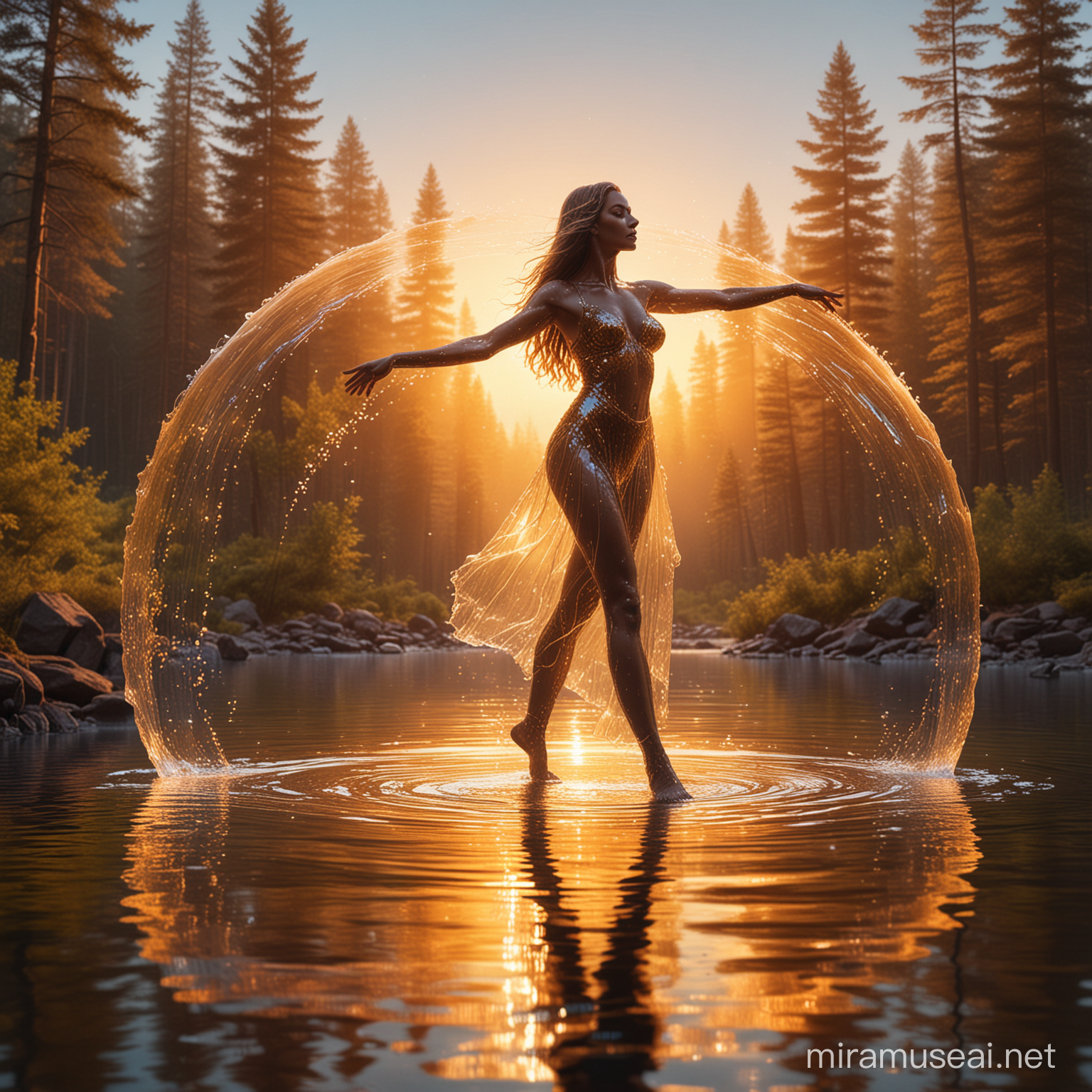 image portrays a surreal scene where a transparent woman made from neon water crystal clear, appears to be dancing on the surface of a forest during rainbow . The golden hues of the setting sun illuminate the water figure, casting an ethereal glow that highlights its fluid form. The backdrop features serene mountains and a sky transitioning from day to night. Every detail is accentuated by the reflective nature of the water, creating a harmonious blend of light and movement.
