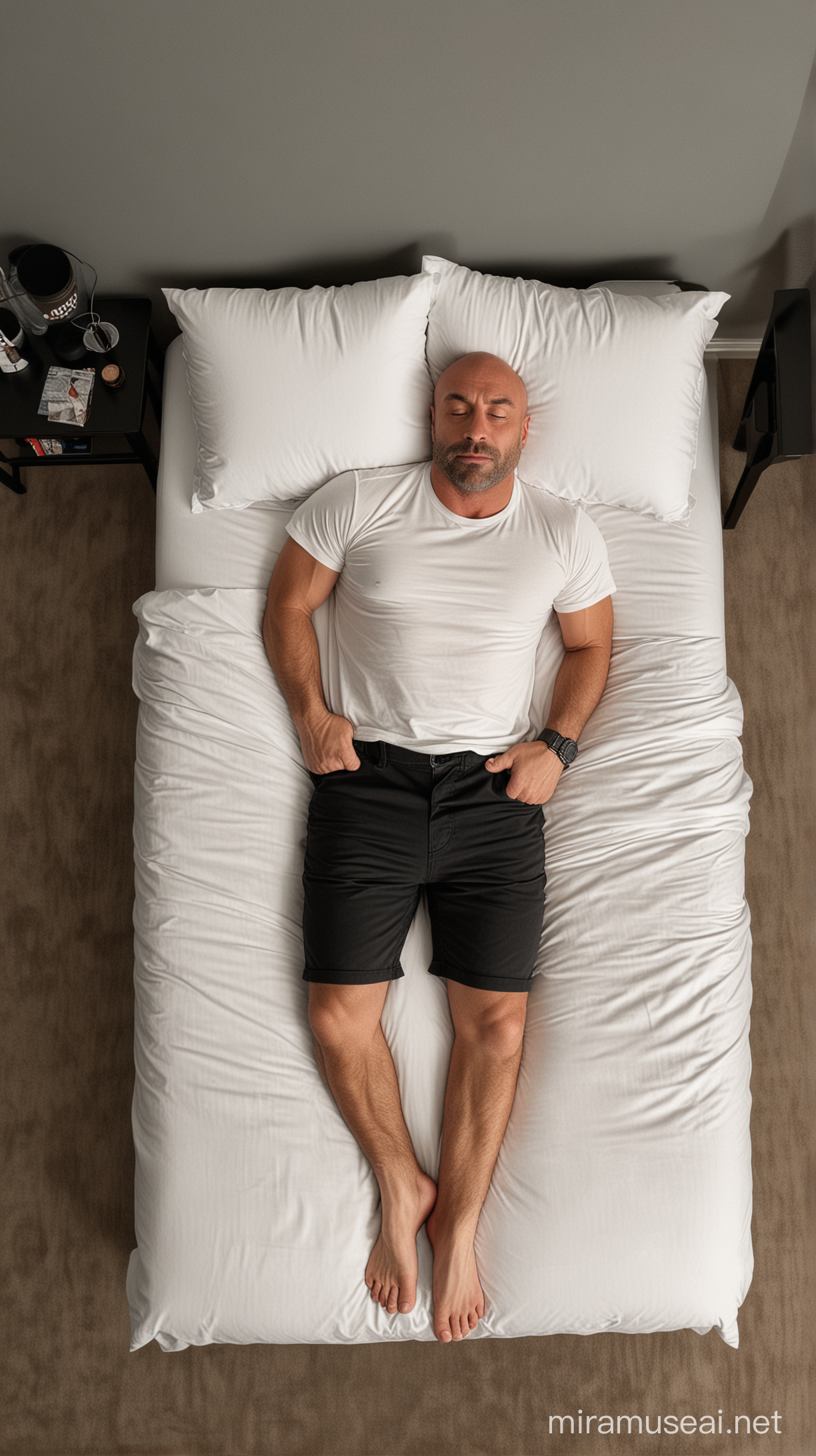 joe rogan sleeping on the right edge oaf a bed , top view