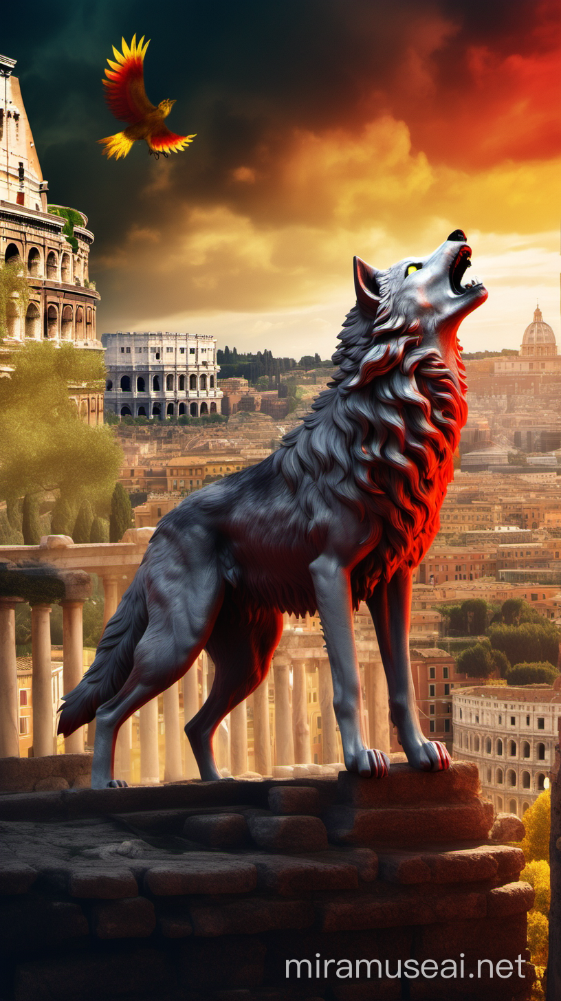 Lupo che regna su Roma, inserendo colori giallo e rosso. Sullo sfondo il Colosseo