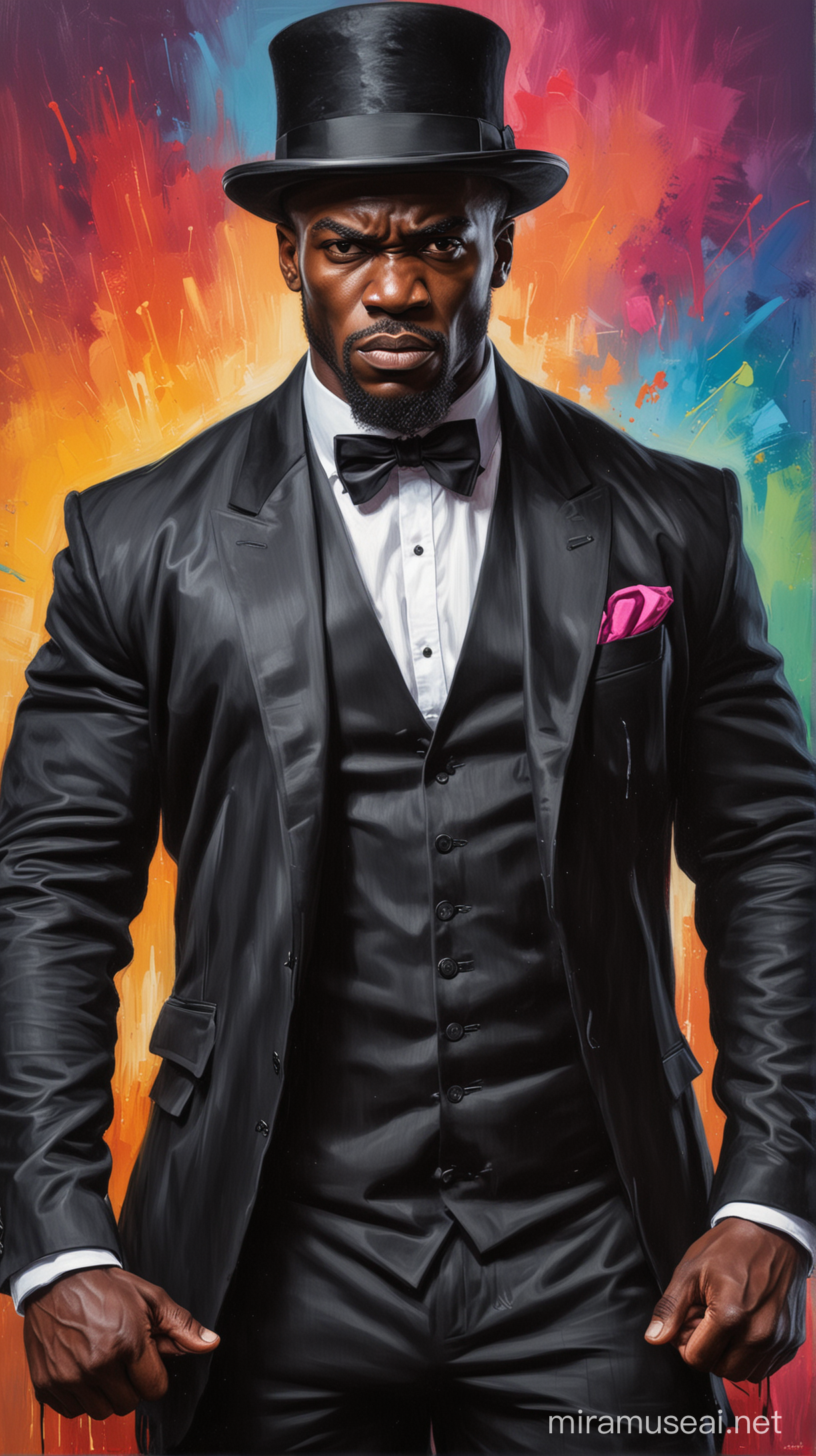 Painting of an angry muscular African man in black jacket and a top hat with colourful background
