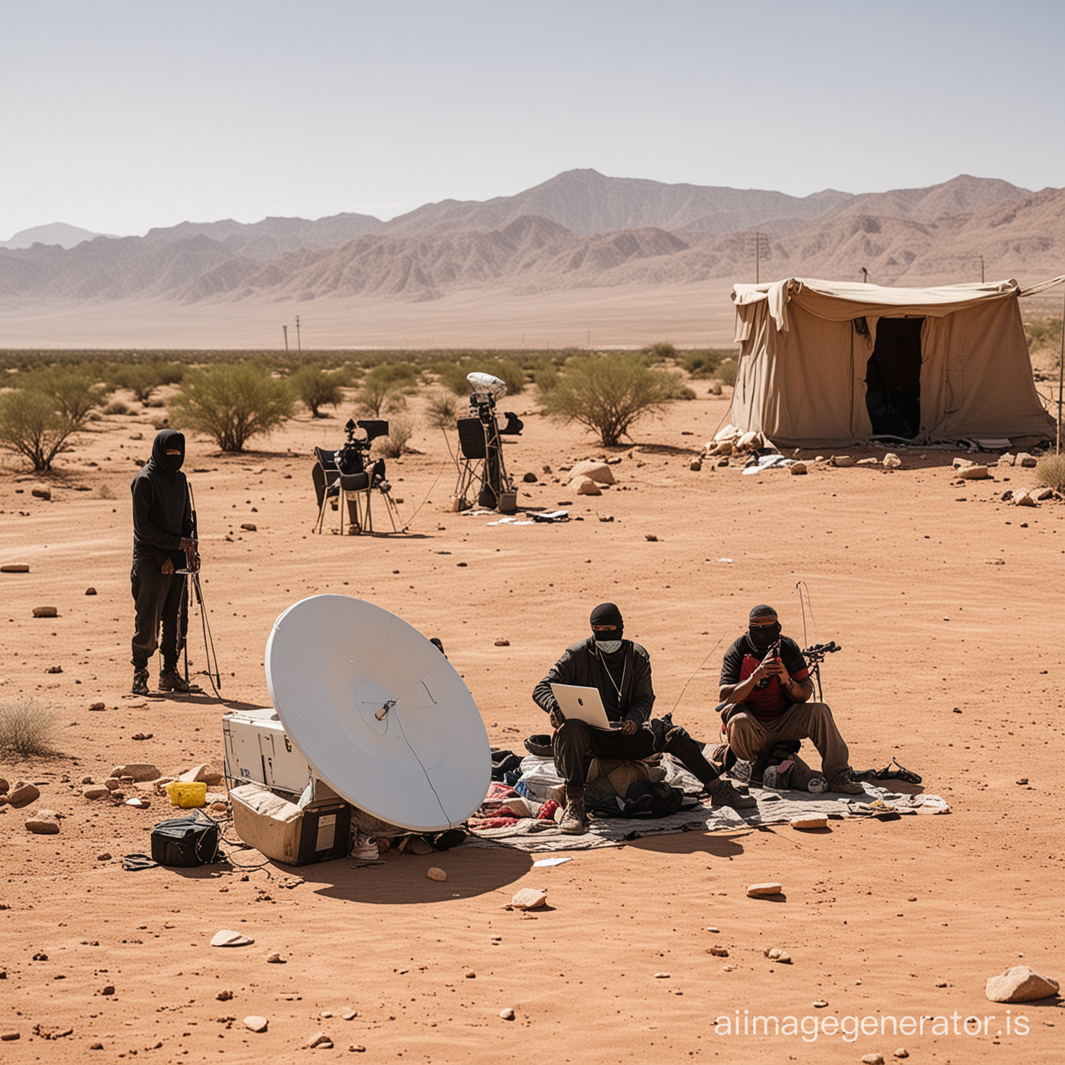 nefarious group at a makeshift hideaway in the dessert using internet from satellite dish