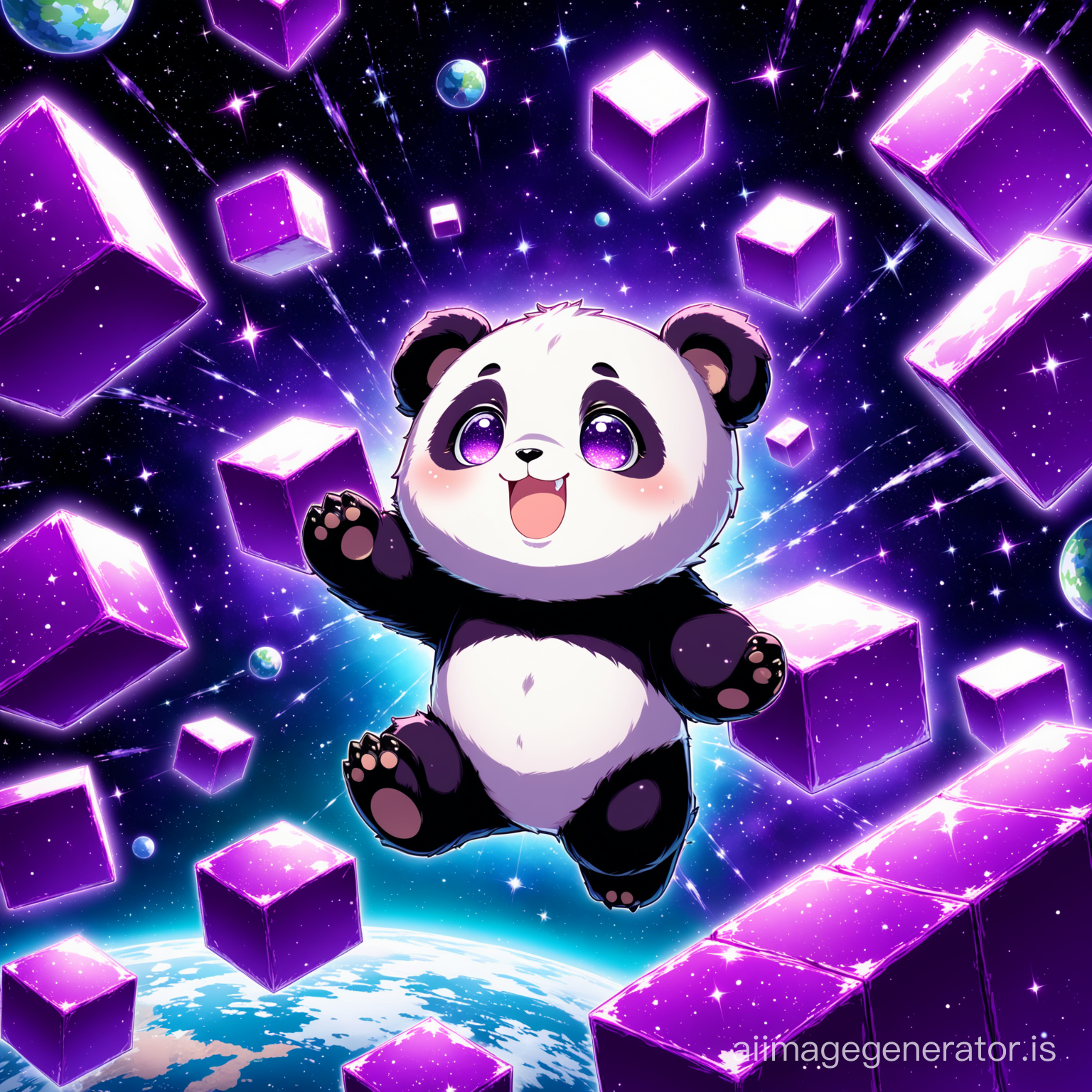 A little happy cute purple panda blocks with purple eye and smile in space with super detail and High Quality
big and purple blocks and floating are seen everywhere
Details are evident beautifully and with great precision