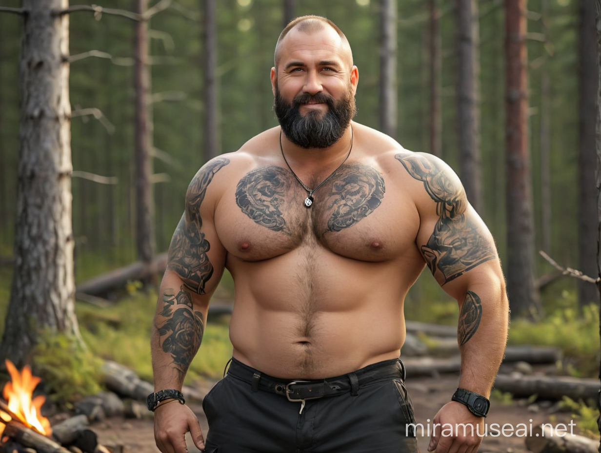 realistic photo of 40+ years old Eastern European, short, stocky daddy male trucker, very handsome and extremely attractive, friendly face, symmetrical handsome face, charismatic and charming,  balding, full body posing, lives in Finland, perfectly groomed gorgeous extremely thick gorgeous deep black voluminous full beard, gorgeous dense thick black eyebrows,  realistic eyes, wearing stylish expensive camping clothes and gear, camping somewhere Finnish wilderness, make more photo realistic, bright natural light, perfect exposure, 8K professional Nikon camera, a very hot summer day, masterpiece, best professional photo, insane details, realistic body part proportions, relaxed photo session, hard very physical work, charming grin, satisfied with his life, whole body full of tattoos, the campfire is burning, womanizer, strong as a bear, very stylish and neat appearance, happy, satisfied, photogenic