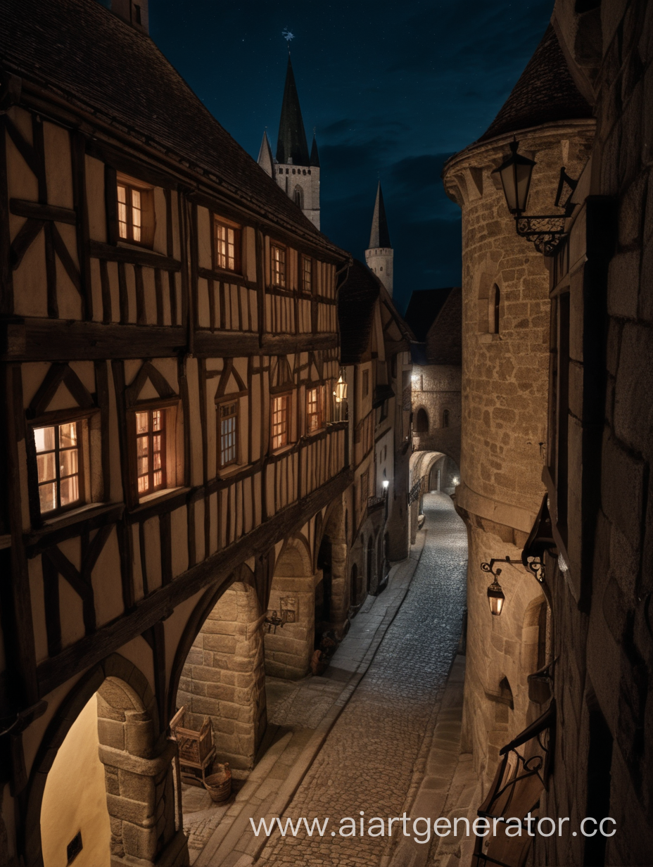 средневековая улица видом с 4 этажа здания в окне ночью