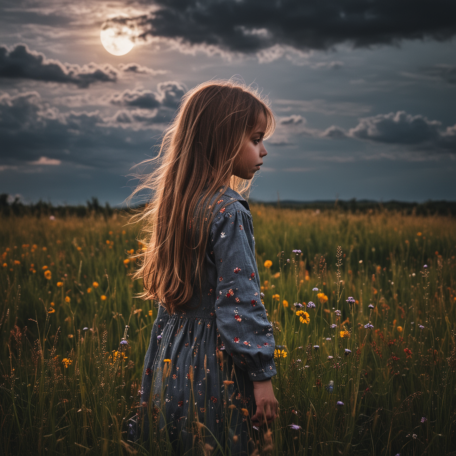 Lonely Child Amidst Tall Grass and Flowers Under Stormy Moonlight
