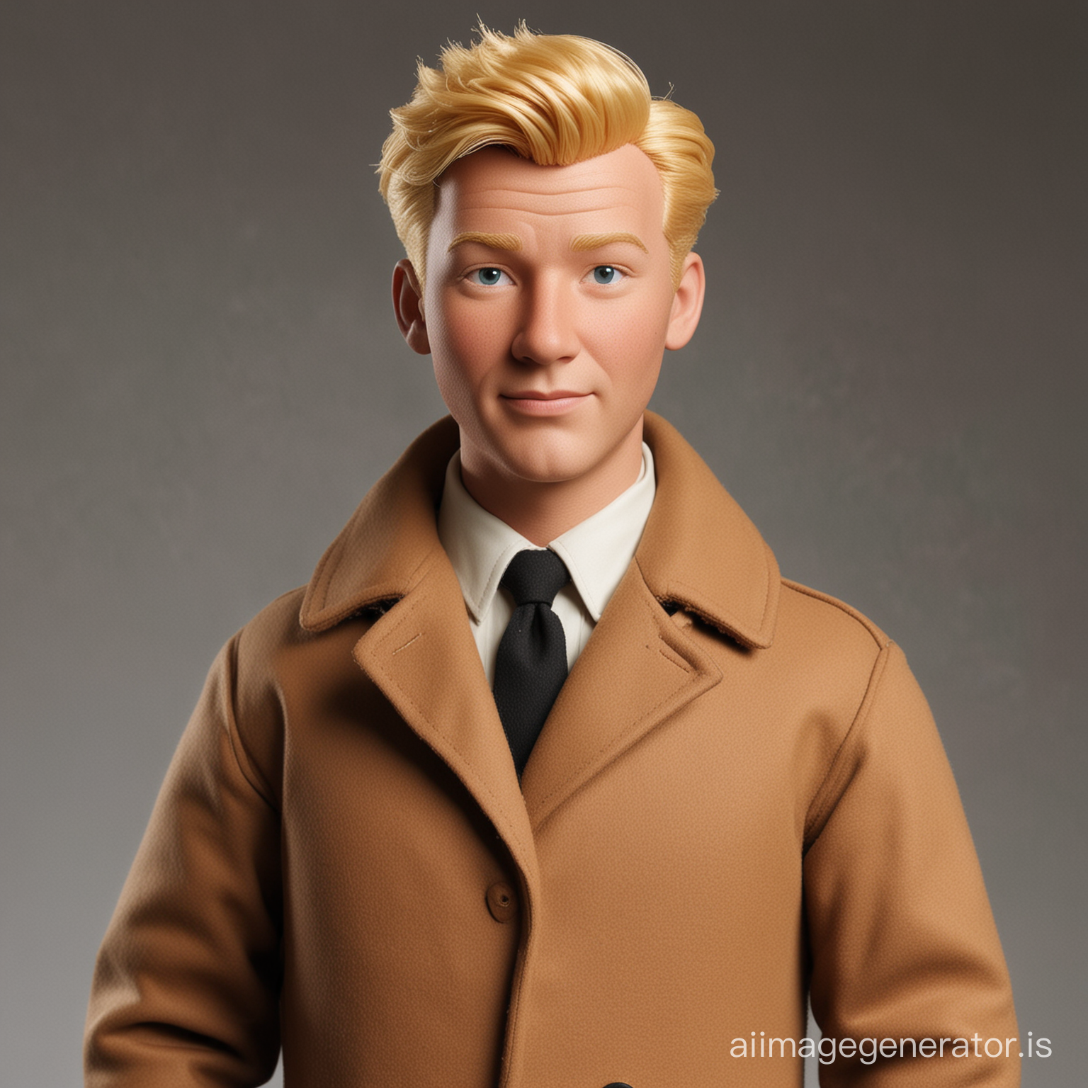 Realistic picture of Tintin from the Comics. He wears his brown coat. He has blond hair. Tintin as a real human in a movie. Tintin. Hergé character. Comicaccurate