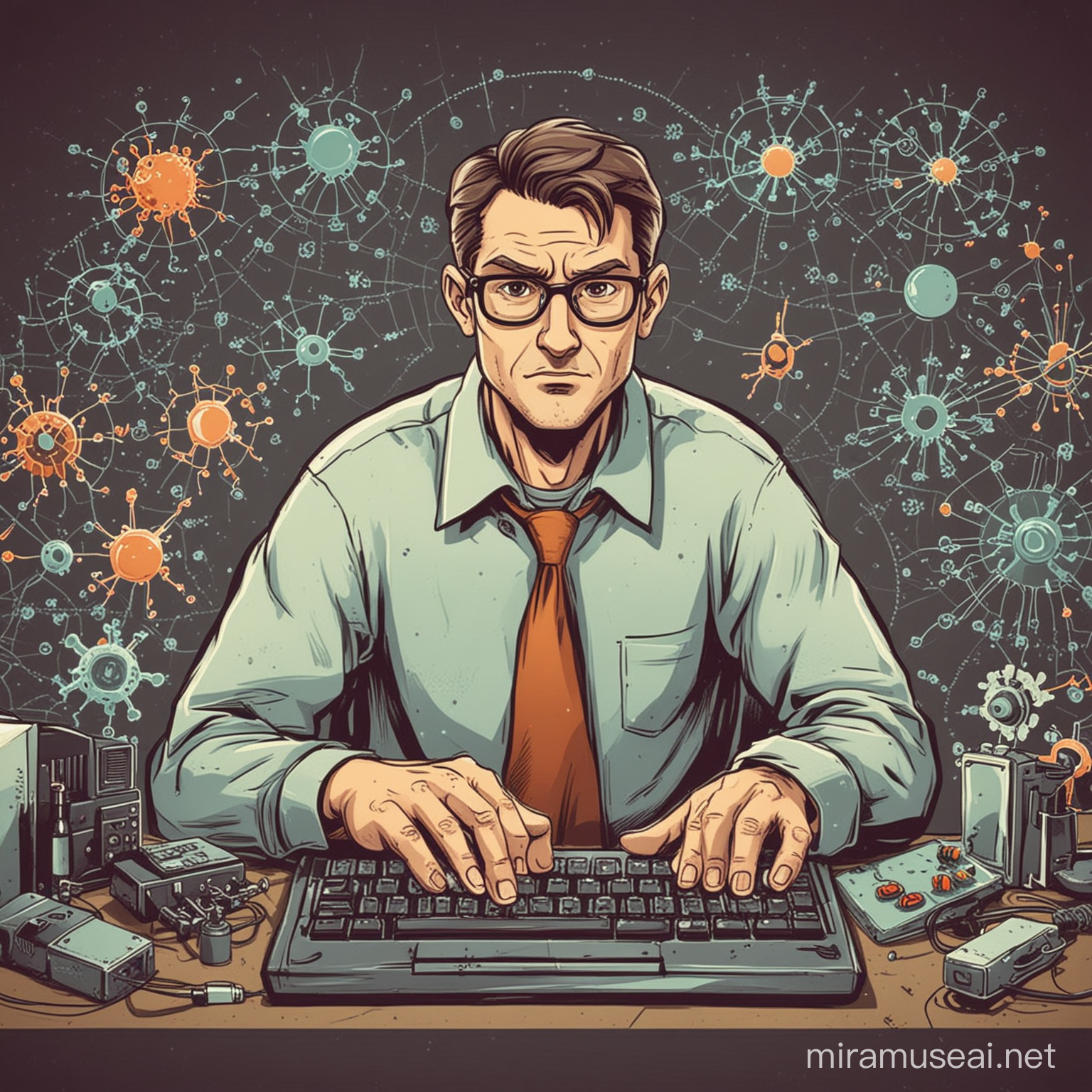 a man making research about computer viruses, cartoon style