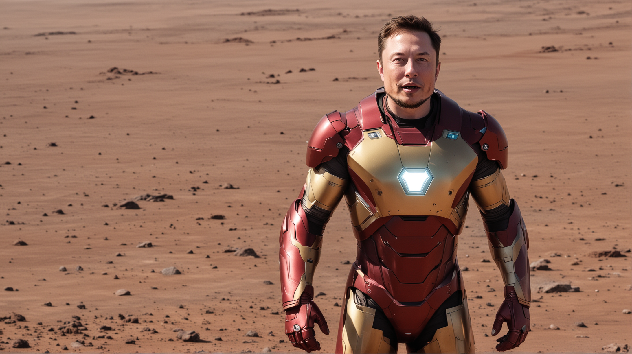 close up of ELON MUSK AS IRON MAN LANDING ON MARS WITH DIFFERENT Color suit