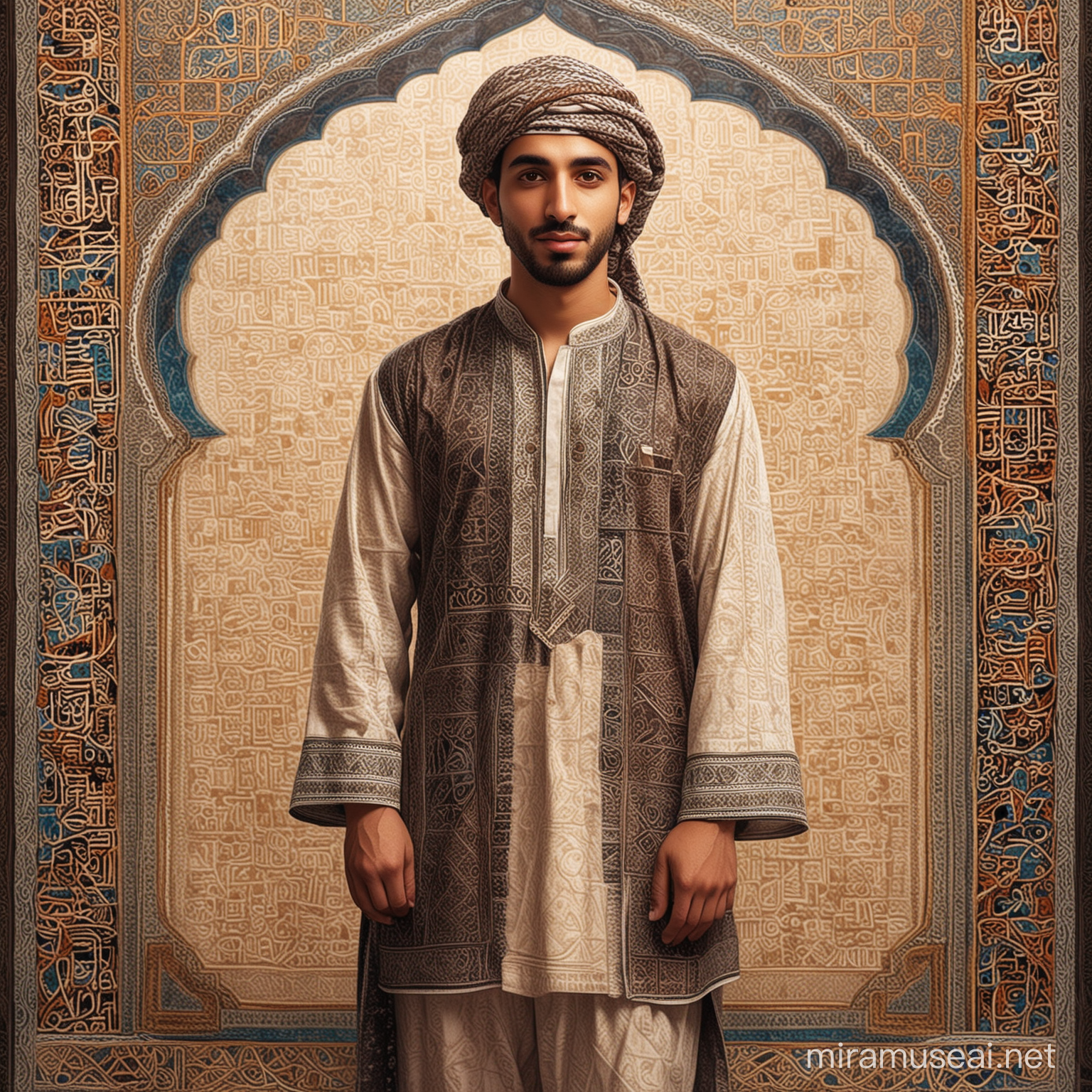 Very cute arab guy 30 years old rare beauty, folk clothing, background with arabic patterns, fantasy art, full body, thin lines, texture, ink drawing, acrylic, vintage, patchwork, detail drawing of short story collection, surreal, tyndall effect 9, lighting Dynamic, sfumato, perfect proportions, high detail, full body
