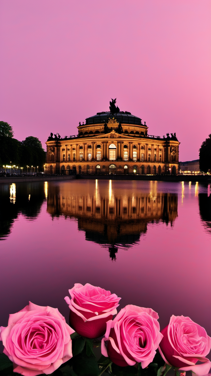 Semperoper Dresden , rosa Himmel, Sonnenuntergang, Rosen, Fluss, Sommer, Apfelkuchen, Espresso