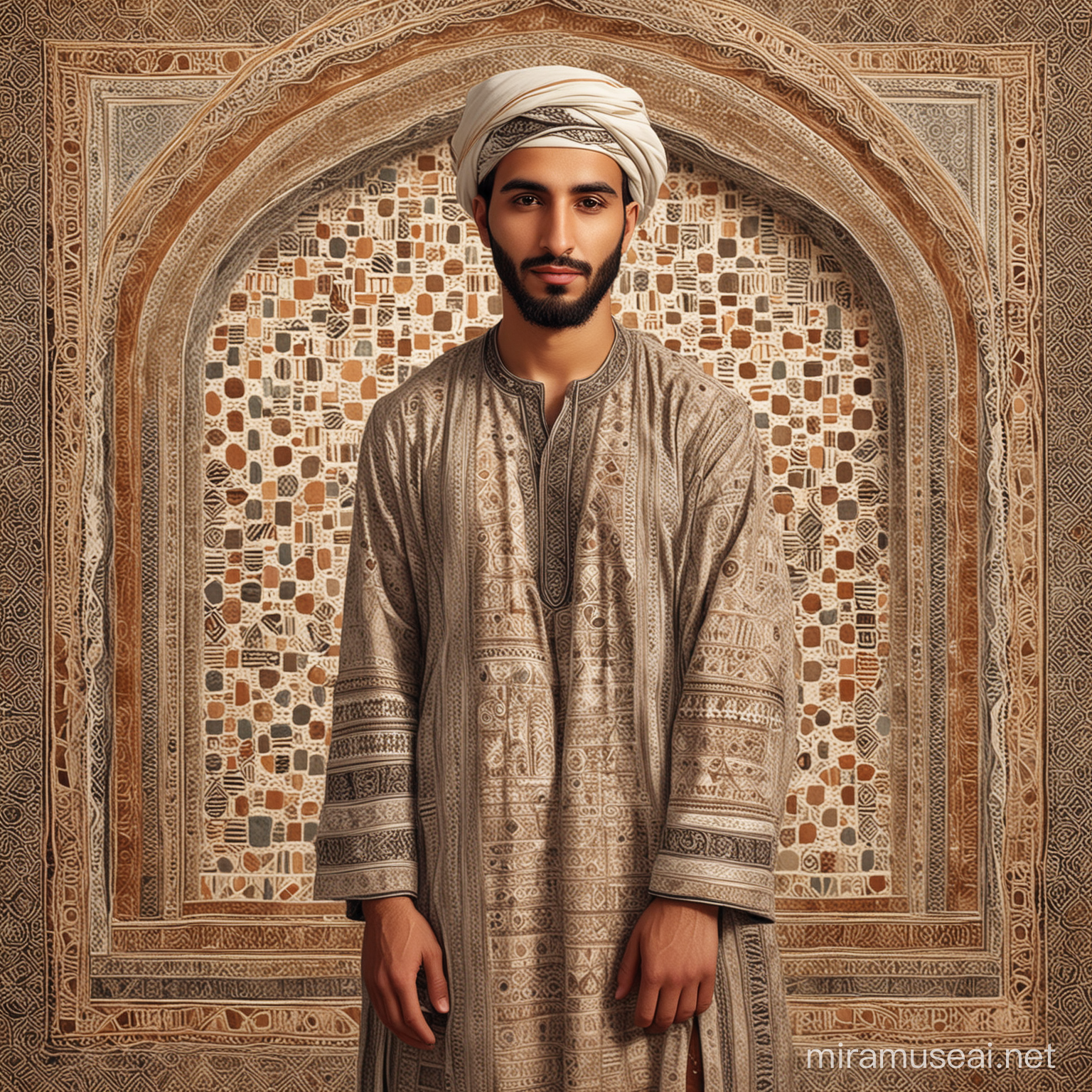 Very cute arab guy 30 years old rare beauty, folk clothing, background with arabic patterns, fantasy art, full body, thin lines, texture, ink drawing, acrylic, vintage, patchwork, detail drawing of short story collection, surreal, tyndall effect 9, lighting Dynamic, sfumato, perfect proportions, high detail, full body
