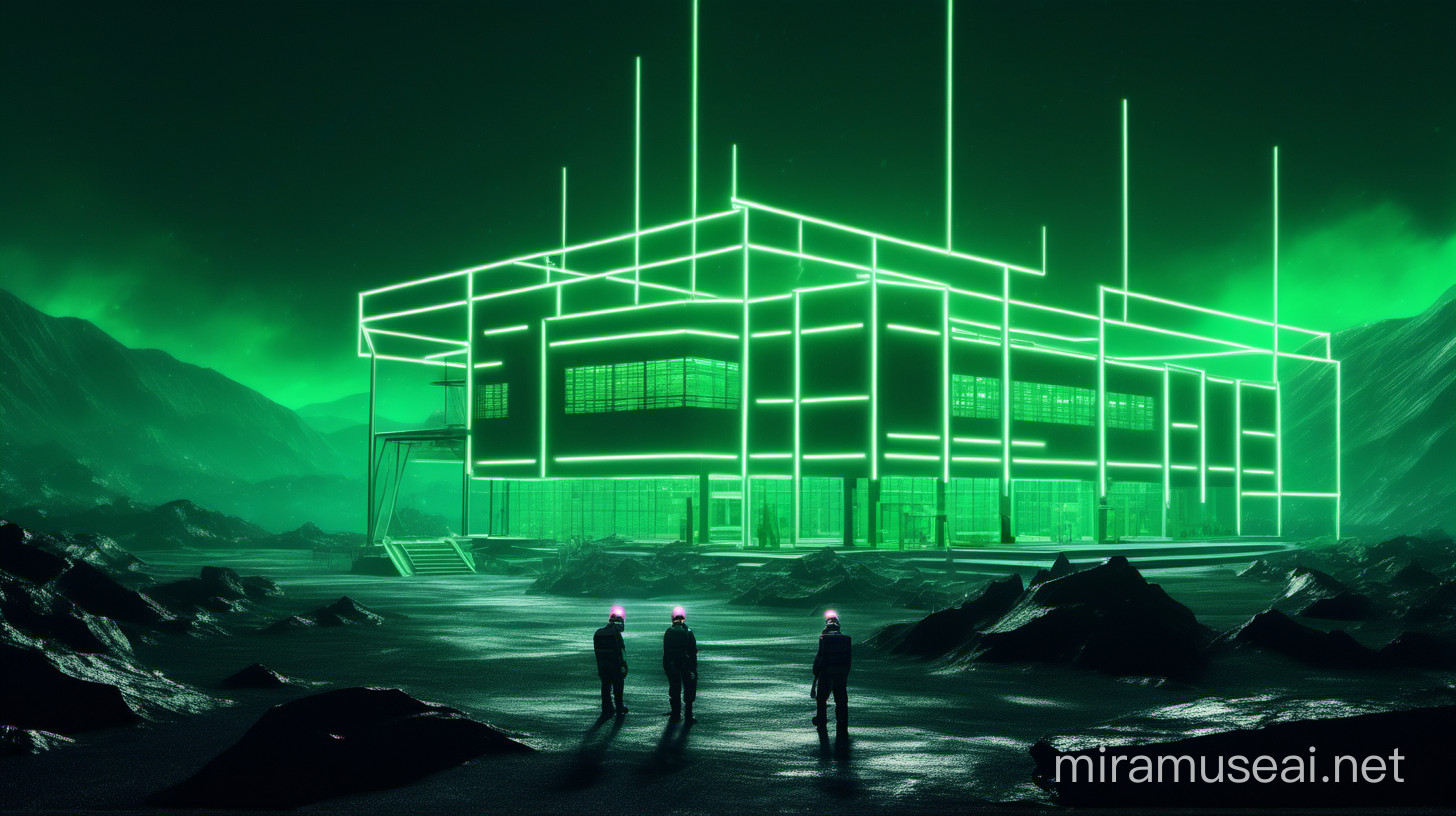 Realistic Research Center Worker Amidst Green Neon Lights in Rainy Atmosphere
