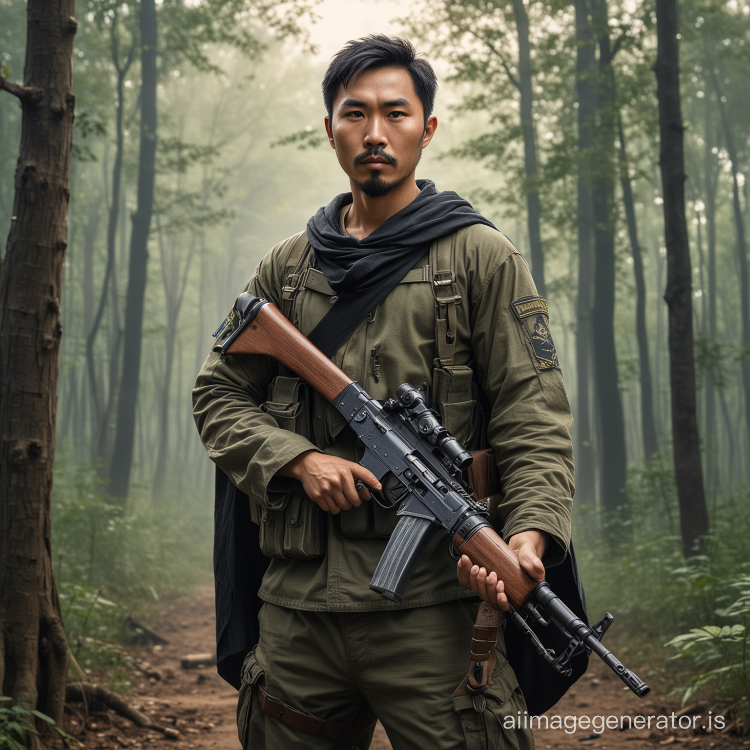 A asian man . He has short black hairs and wears a army T-Shirt. He has a short black beard. He wears a medieval cape and cargo pants. He is holding a riffle AK 47. Behind him is a forest. Realistic picture