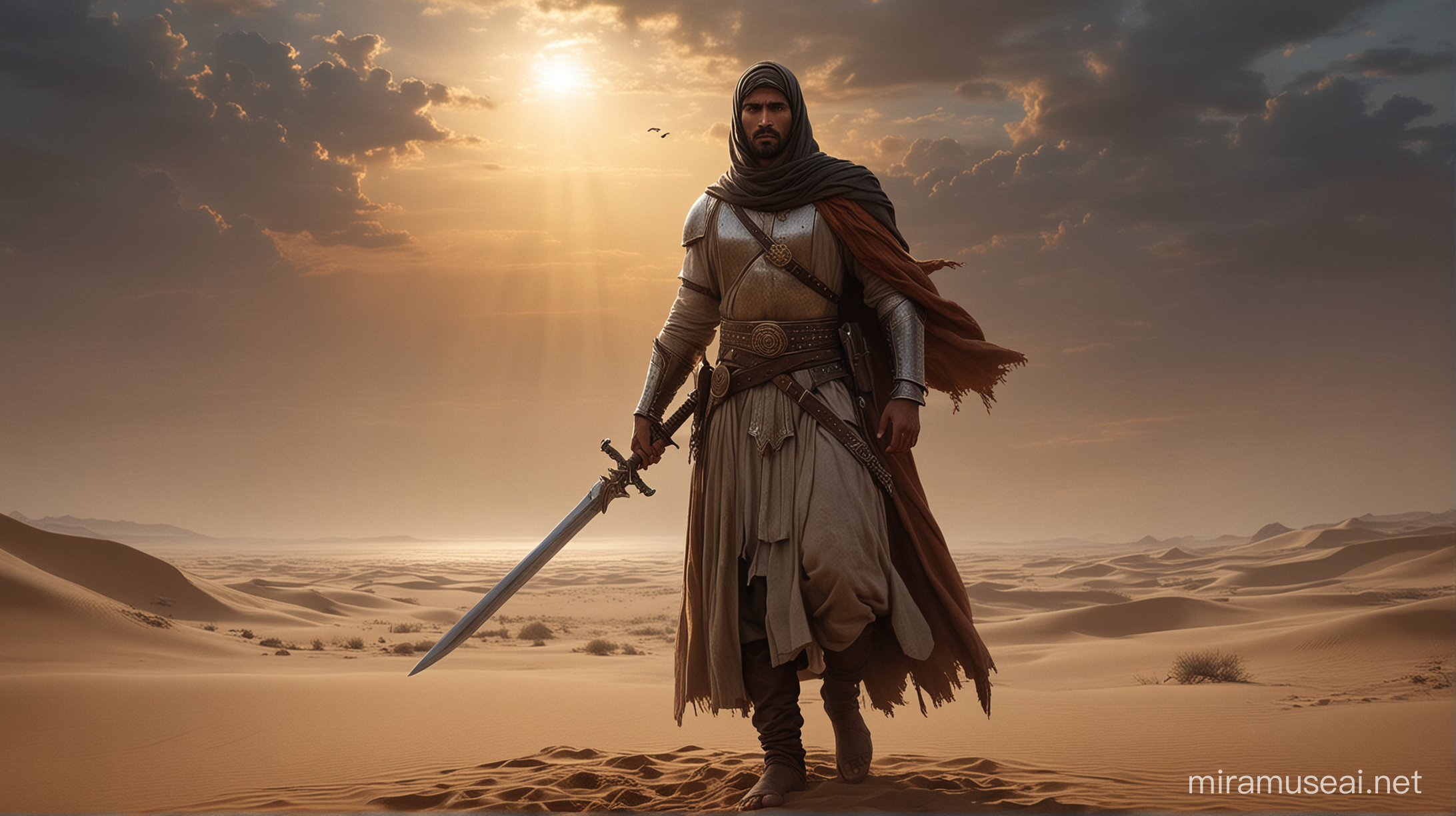 Guardian of Faith Muslim Warrior Stands Resolute in Desert Sands