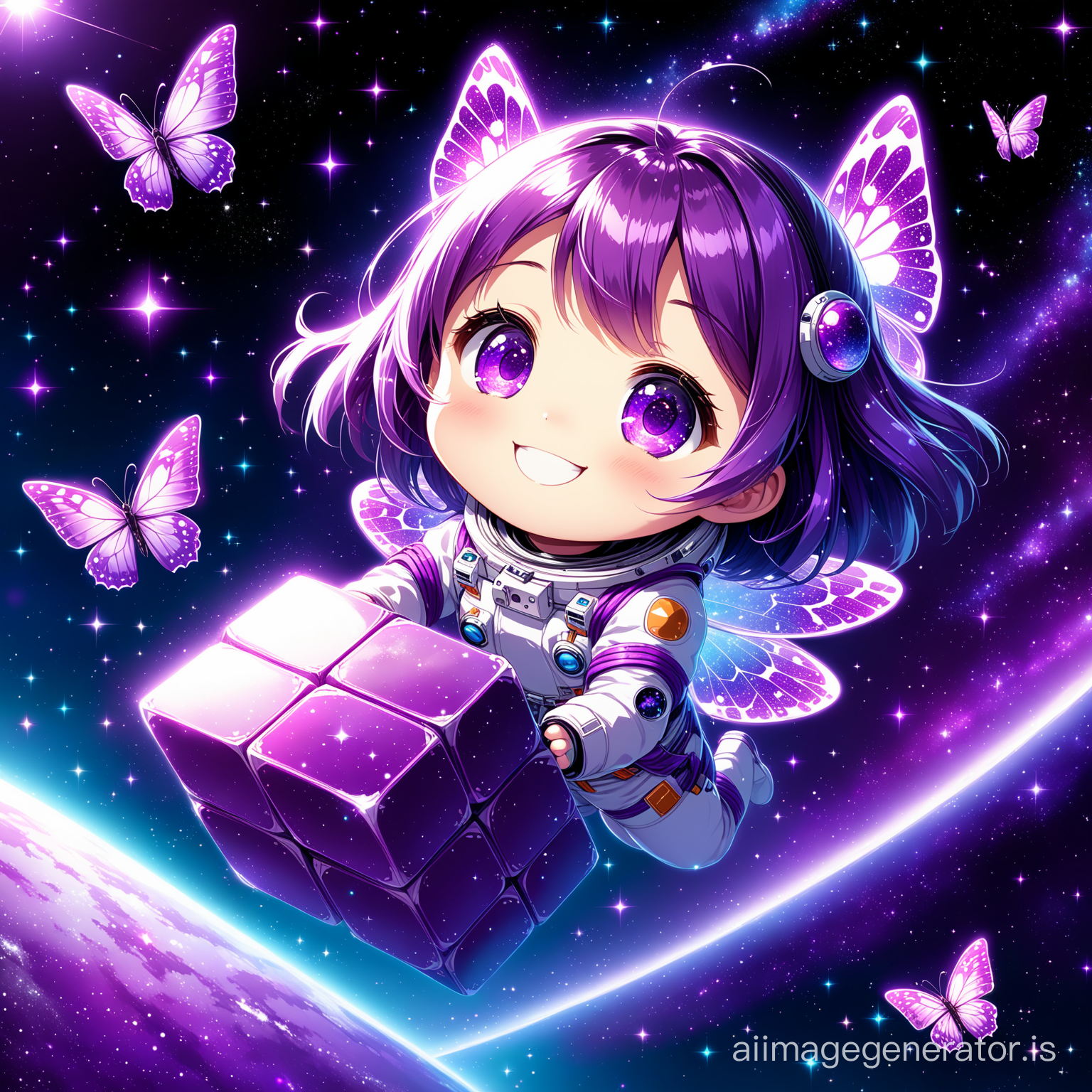 A little happy cute  little purple butterfly with purple eye and smile in space with super detail and High Quality
big and purple blocks and floating are seen everywhere
Details are evident beautifully and with great precision