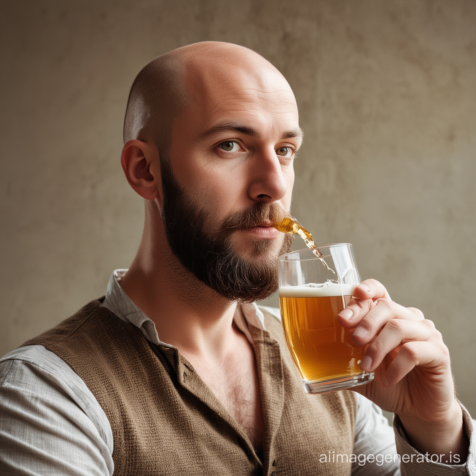 Bald man with short beard drinking a glass of cider
