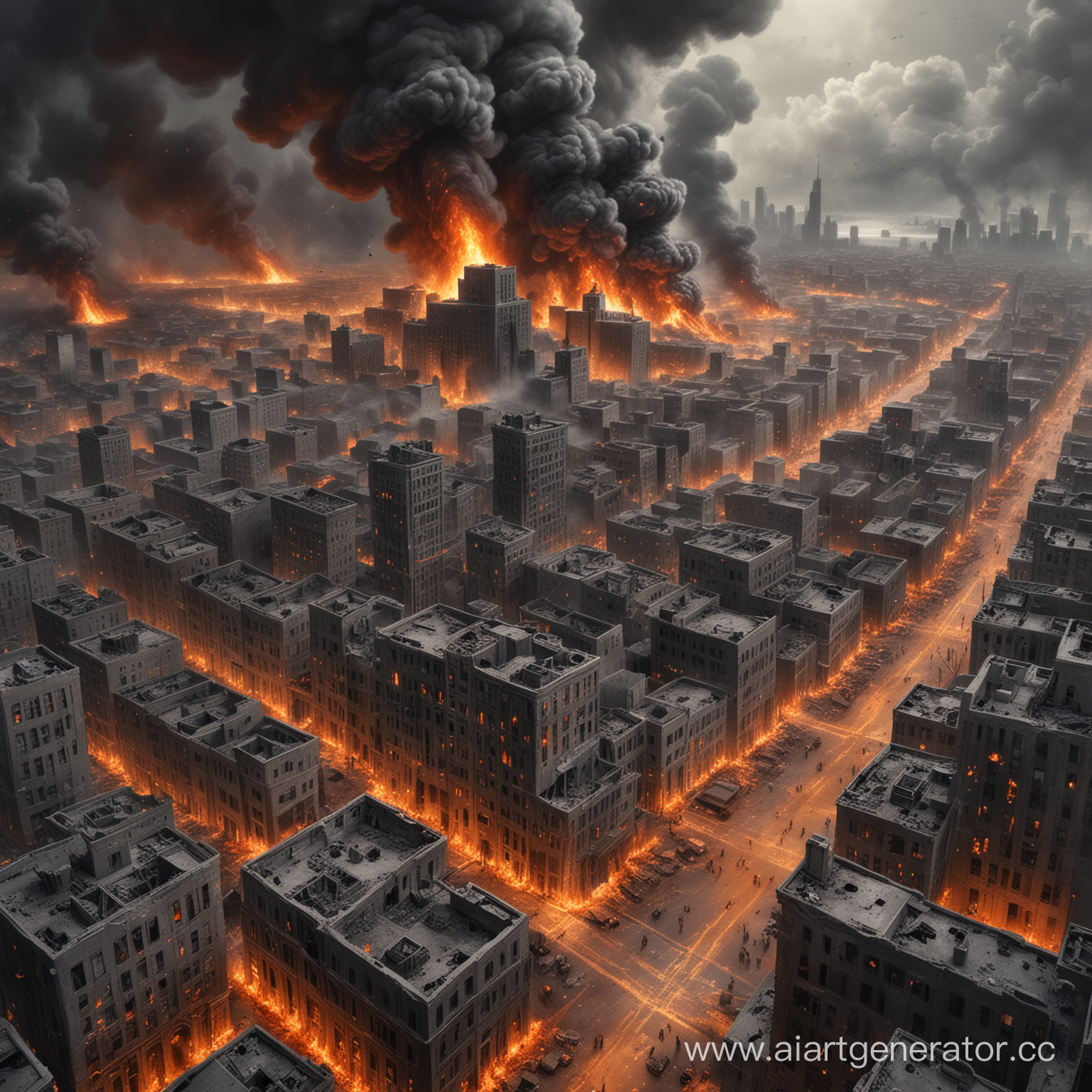 нарисуй мне серый город, который прошел бомбардировку и пылает пламенем