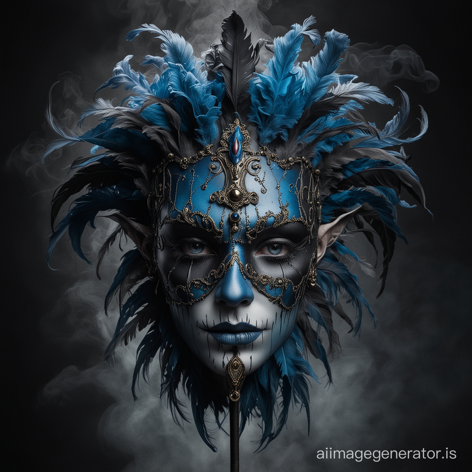 a arlequin lord of darkness blue skin with venetian  mask full face black and blue smoke