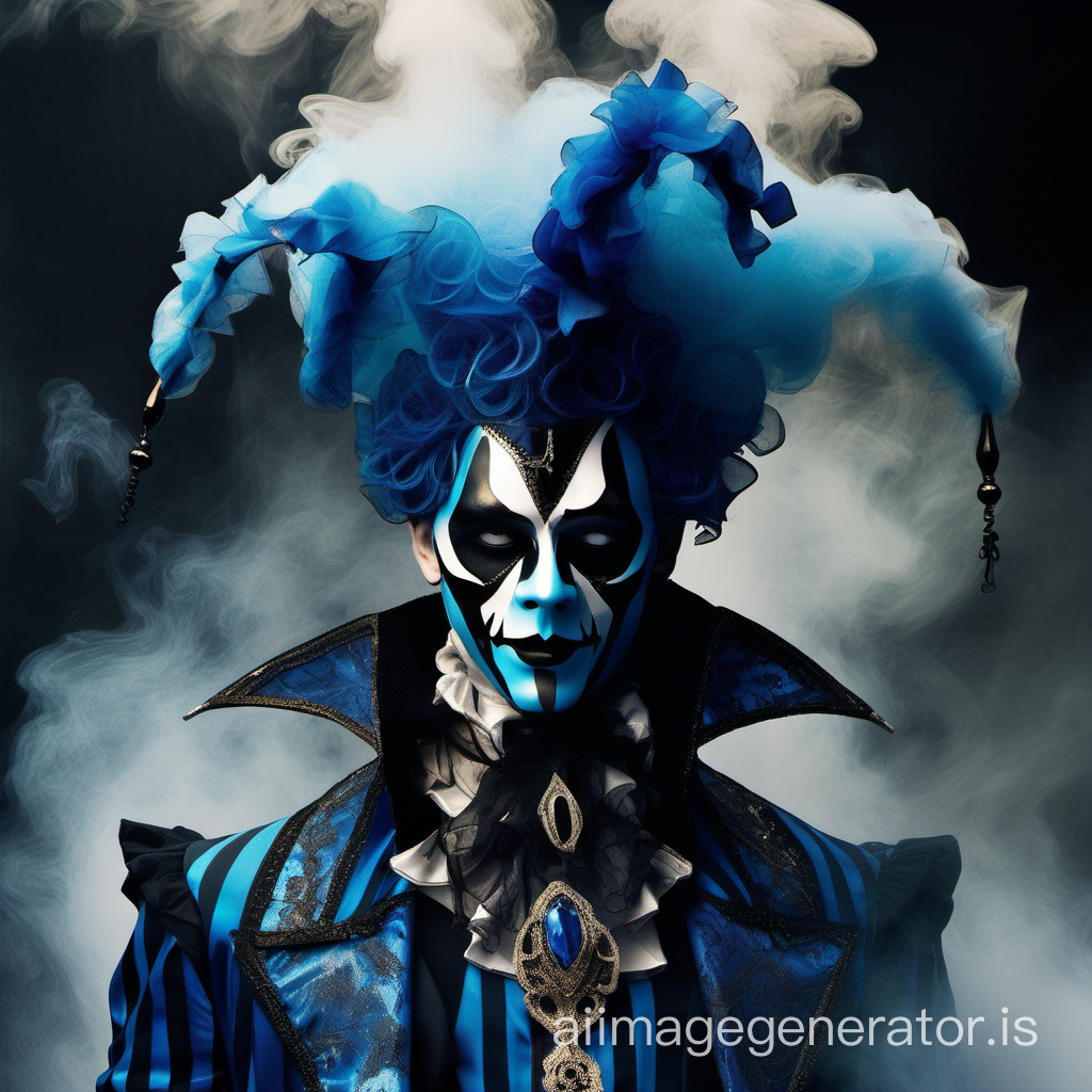 a arlequin lord of darkness blue skin with venetian  mask full face black and blue smoke