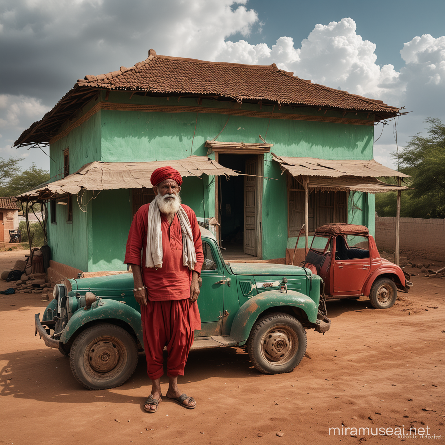 Old rabari farmer dirty clothing is standi ng  before red old RAJASTHAN house by old green car by cloudy sky fotorealistisch fuji xt3 detailted