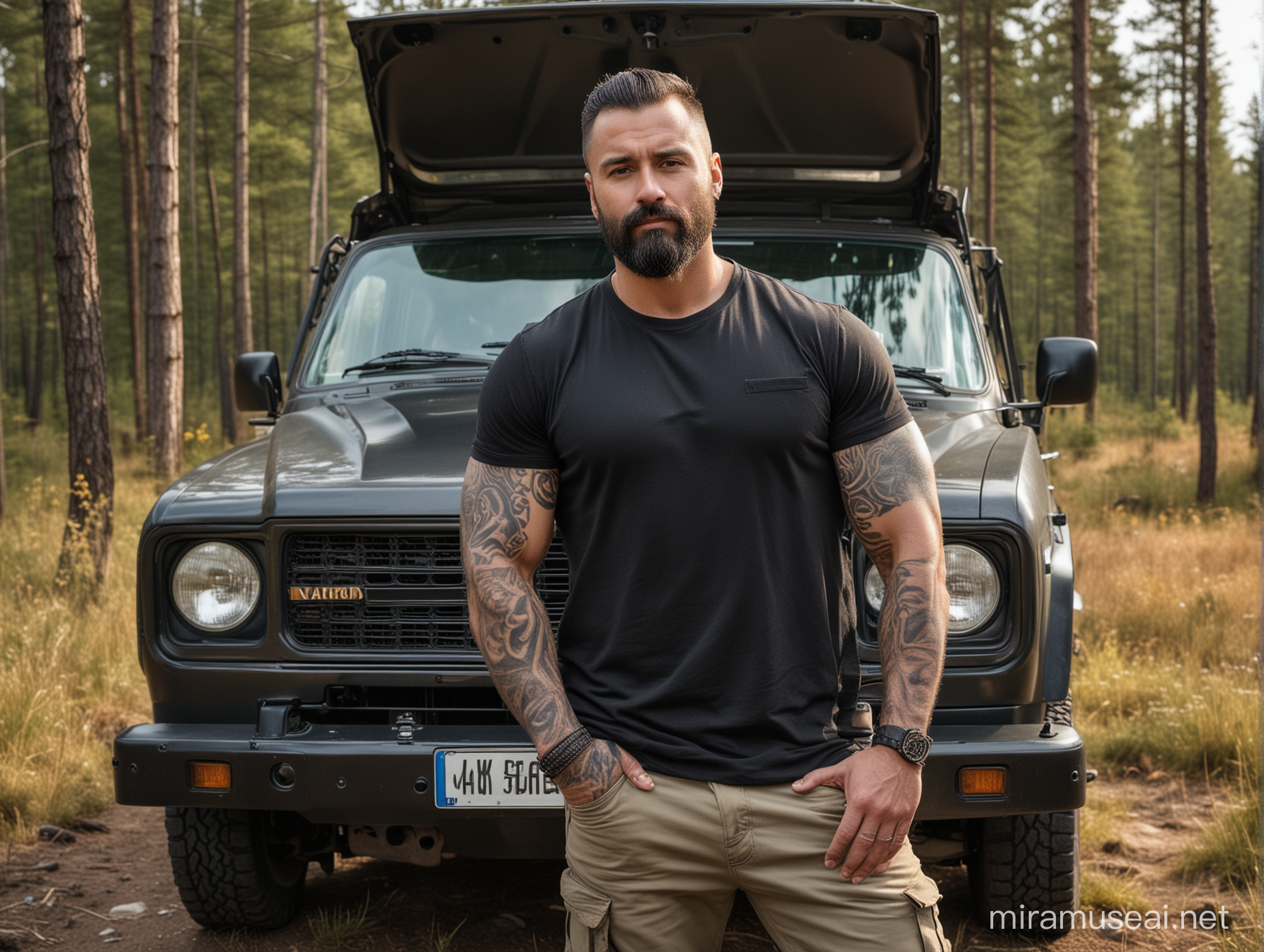 realistic photo of 40+ years old Eastern European, short, stocky daddy male trucker, very handsome and extremely attractive, friendly face, symmetrical handsome face, charismatic and charming,  balding, full body posing, lives in Finland, perfectly groomed gorgeous extremely thick gorgeous deep black voluminous full beard, gorgeous dense thick black eyebrows,  realistic eyes, wearing stylish expensive camping clothes and gear, gorgeous giant bulge, camping somewhere Finnish wilderness, make more photo realistic, bright natural light, perfect exposure, 8K professional Nikon camera, a very hot summer day, masterpiece, best professional photo, insane details, realistic body part proportions, relaxed photo session, hard very physical work, charming grin, satisfied with his life, whole body full of tattoos, the campfire is burning, womanizer, strong as a bear, very stylish and neat appearance, happy, relaxed, satisfied, photogenic, expensive stylish SUV, tattooed chests, extremely hairy, hunting trip, the real Adonis