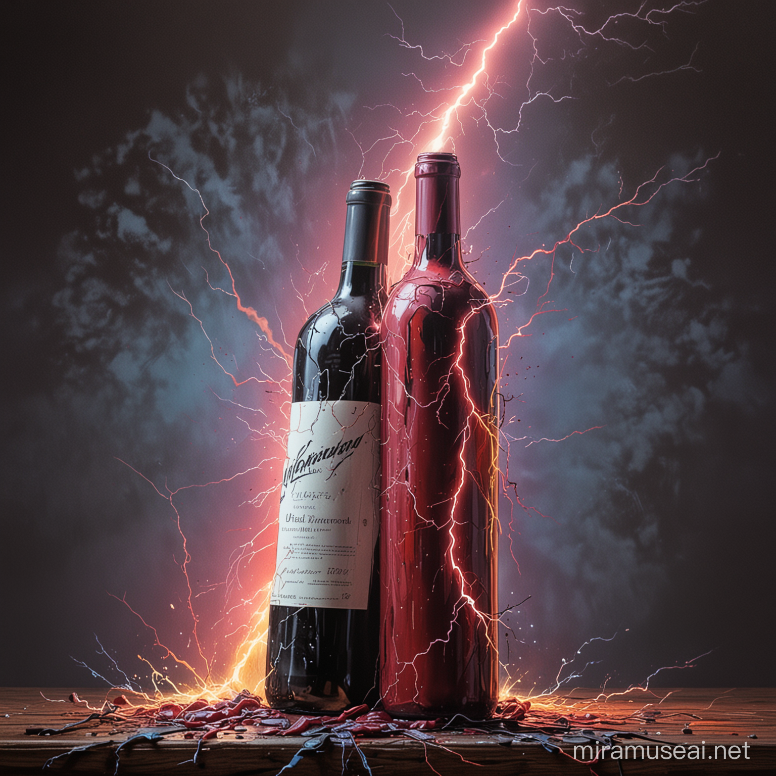 lightning strinking a wine bottle, dramatic 80s airbrush pop art