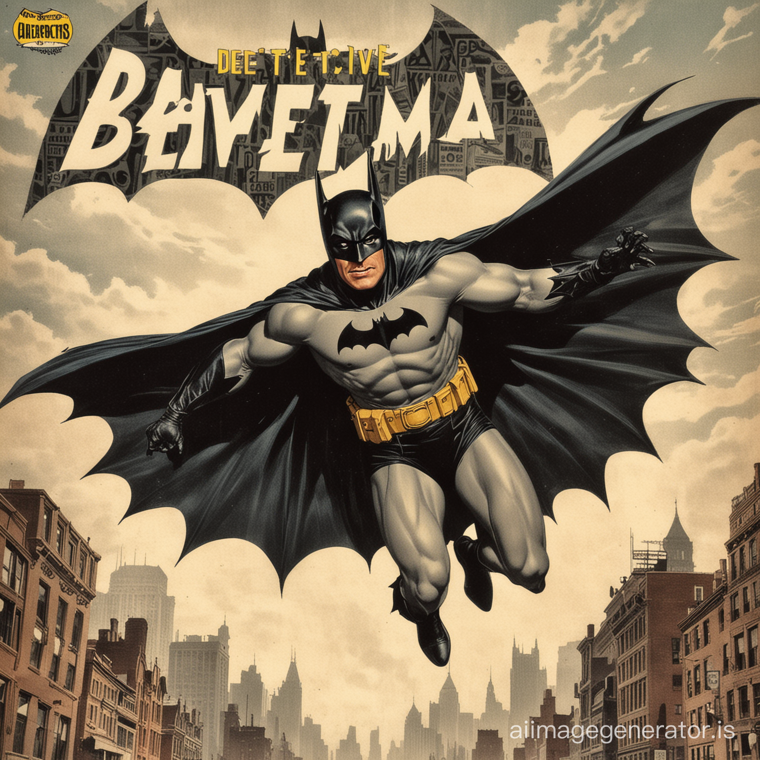 Batman jumping out of a Comicmagazine with the Title Detective Comics. Batman wears a comicaccurate outfit like in his first appearance in the Comics. 1930s Comicmagazine. Bat-Man. Realistic picture. He is jumping out of a old magazine.