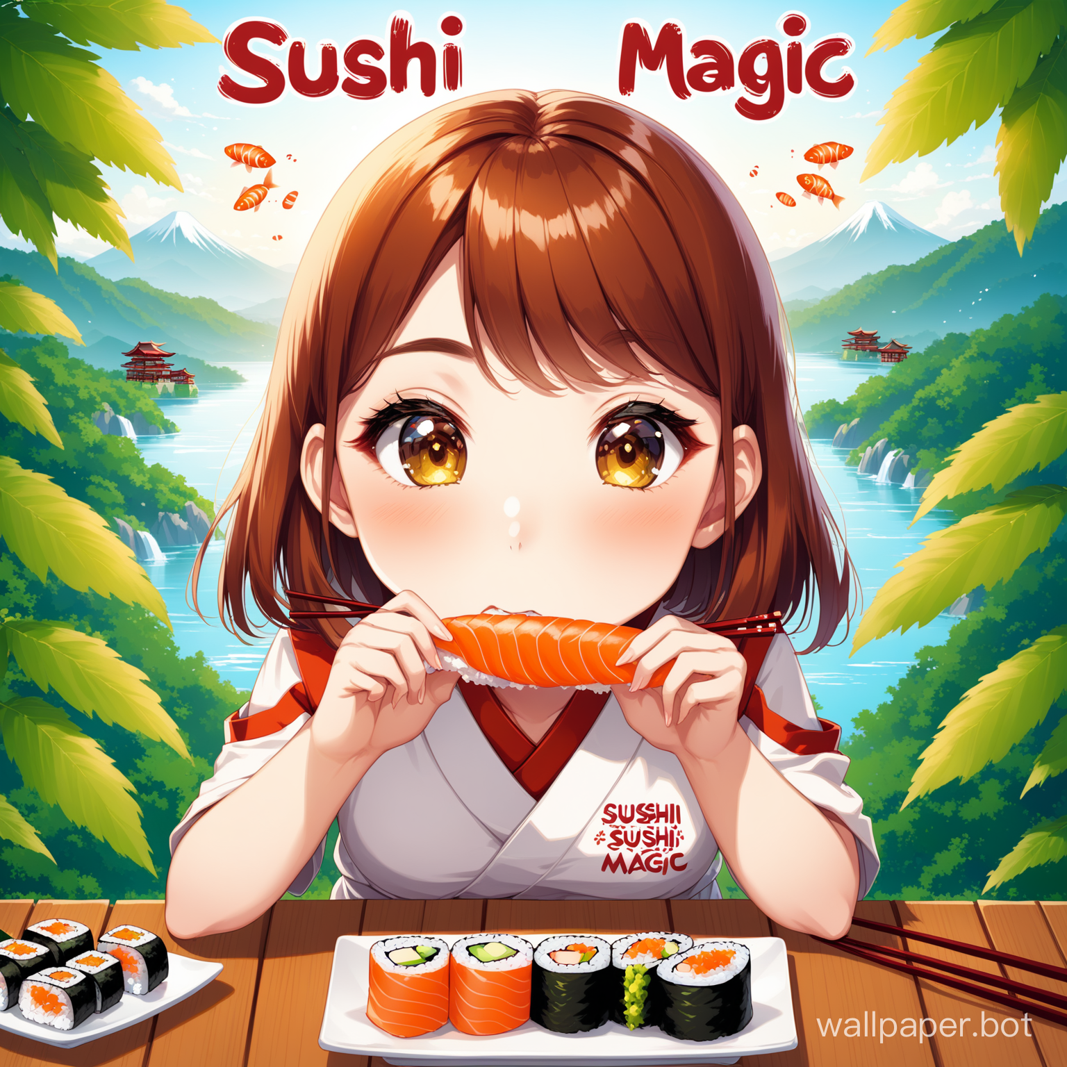 девушка ест роллы  на фоне природы, надпись суши магия  