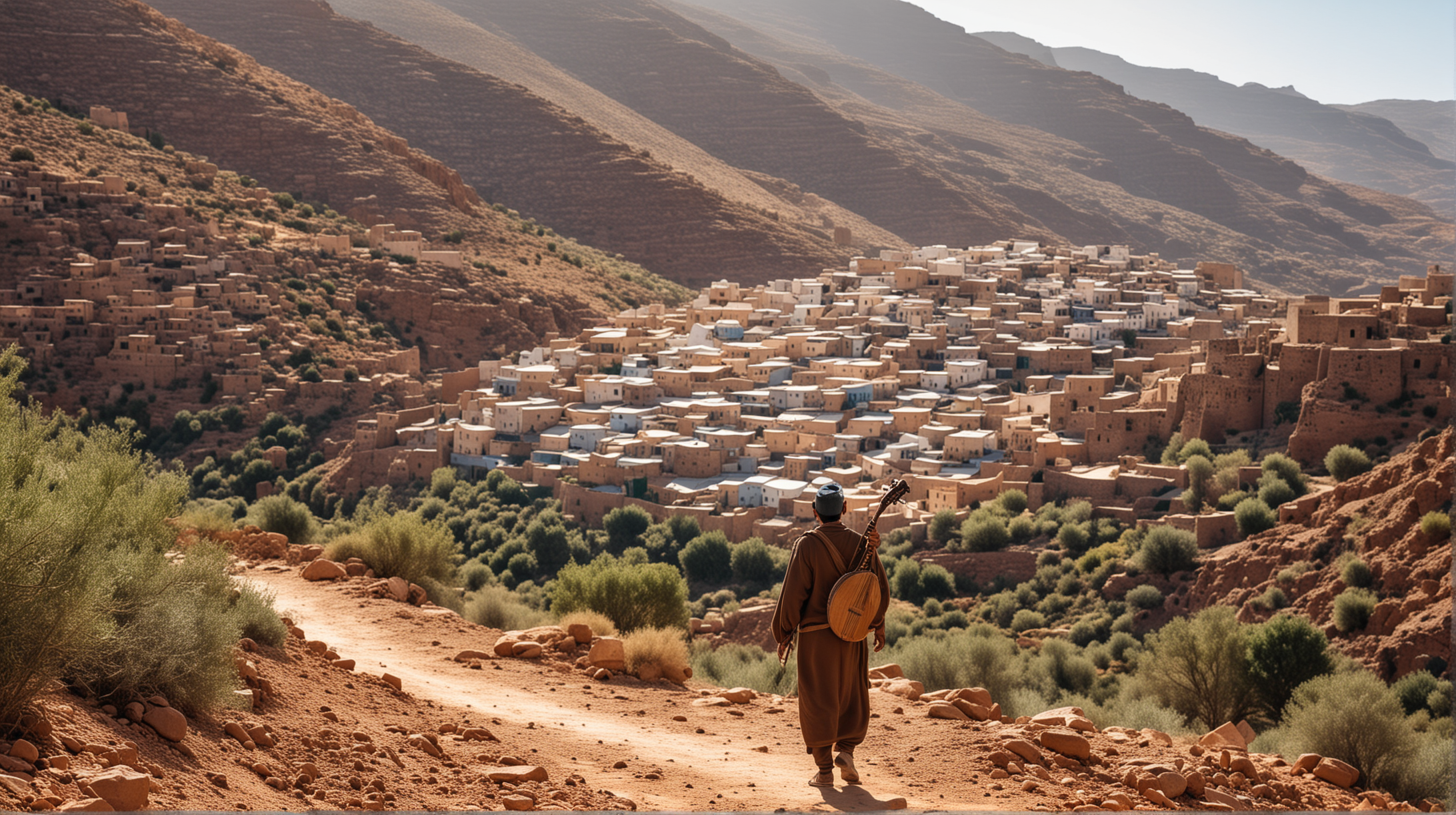 lonely Moroccan traditional musician, seen from the back, walks on a mountain path towards an empty Moroccan traditional village, carrying his lute on his shoulder, 
