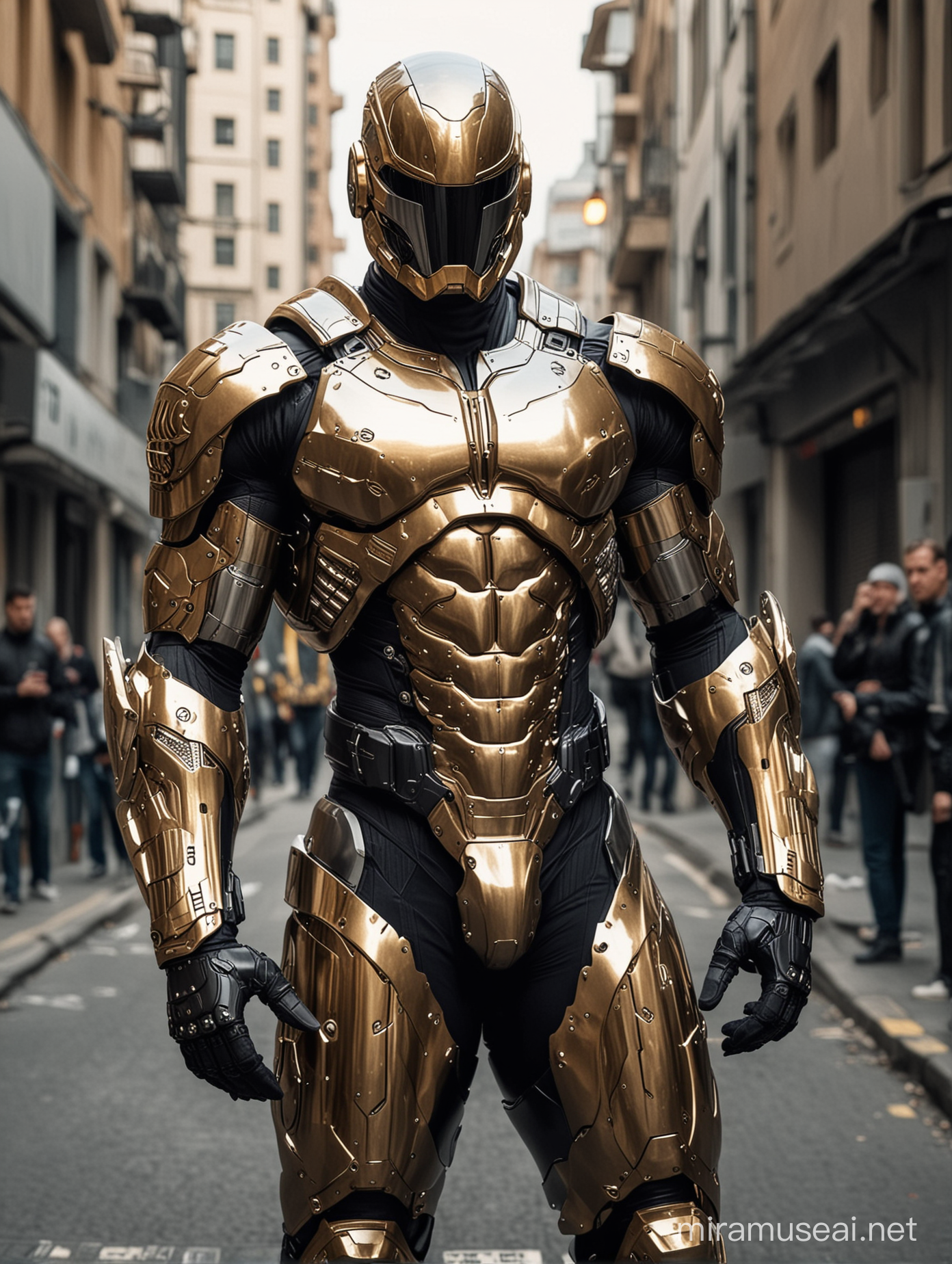 Tall and bodybuilder men with big wide shoulder and chest in sci-fi High Tech golden, sliver and black armour suit with helmet and firearms standing at street and showing his full body 