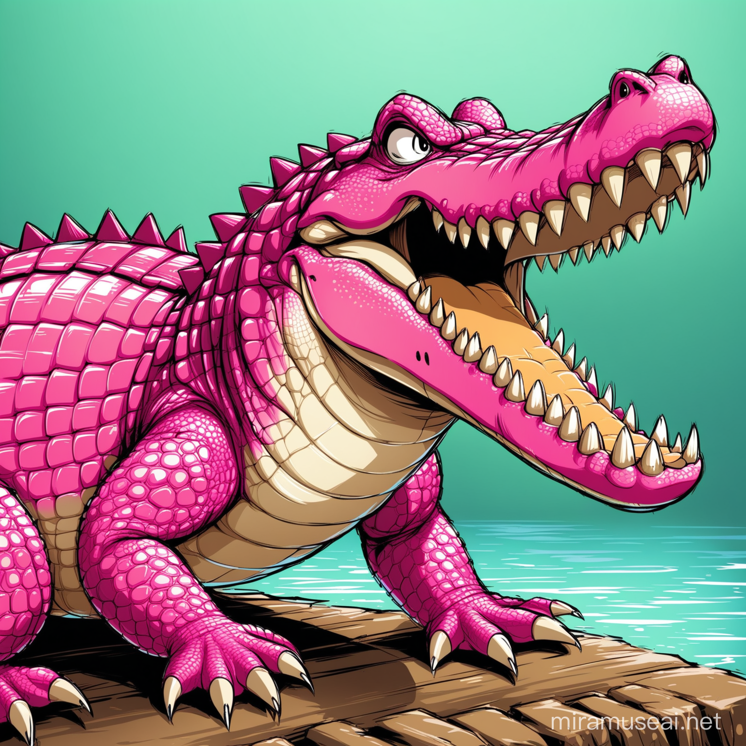 an angry pink crocodile