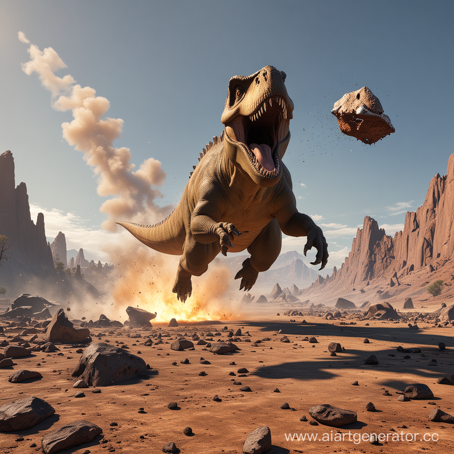 динозавр пьёт кофе убегая от метеорита