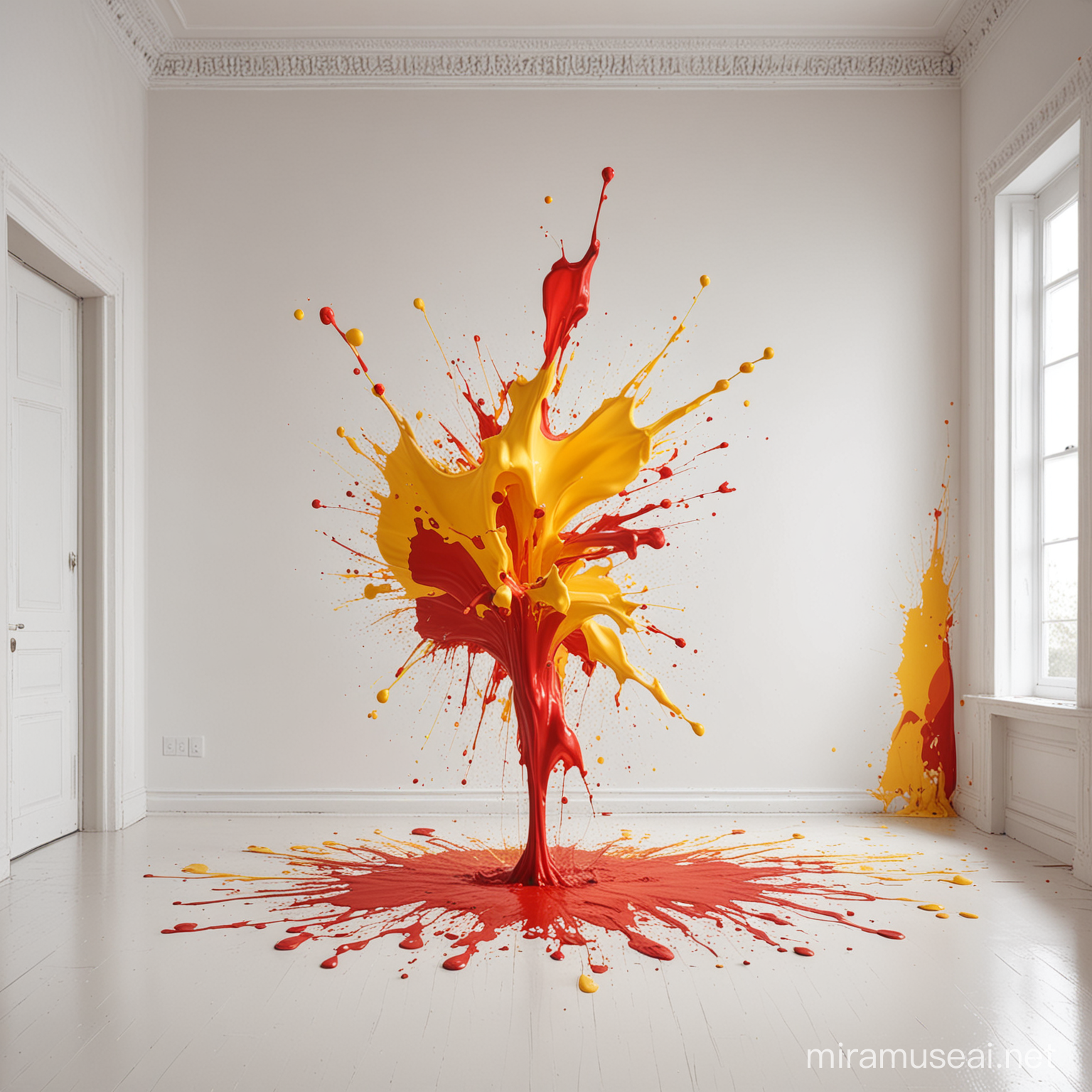 Vibrant Yellow and Red Paint Splashes Illuminate a Serene White Room