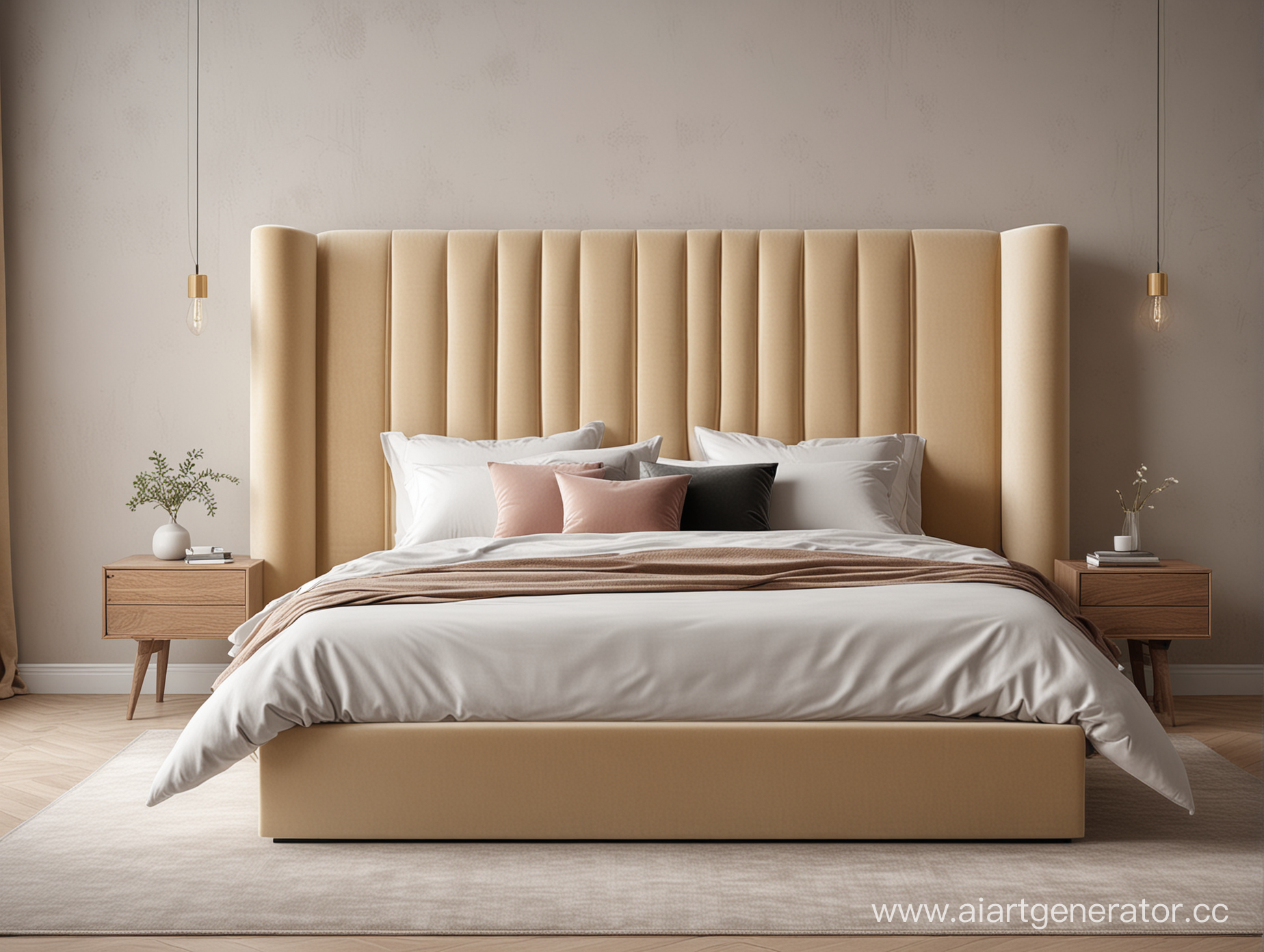 изображение современного минималистичного интерьера спальни с кроватью,изготовленной под заказ.  кровать обтянута мебельной тканью велюр бежевый, вид сбоку
