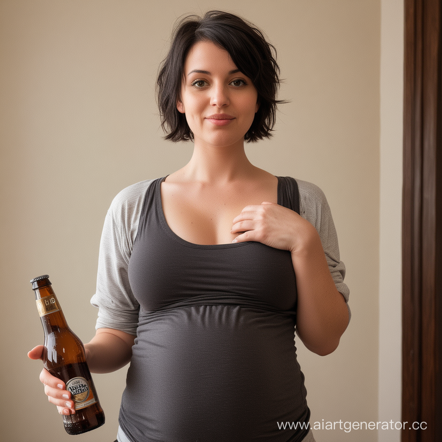 беременная девушка с лишним весом, темные короткие волосы, без макияжа, с маленьким носом и бутылкой пива в руке