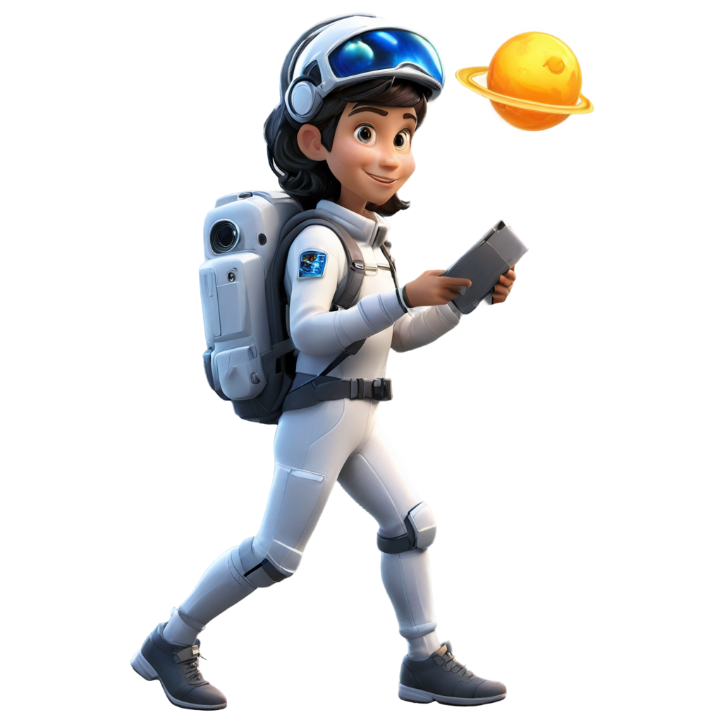 astronout img outside image for logo animated left side face has a planet and magnifier glass in hand