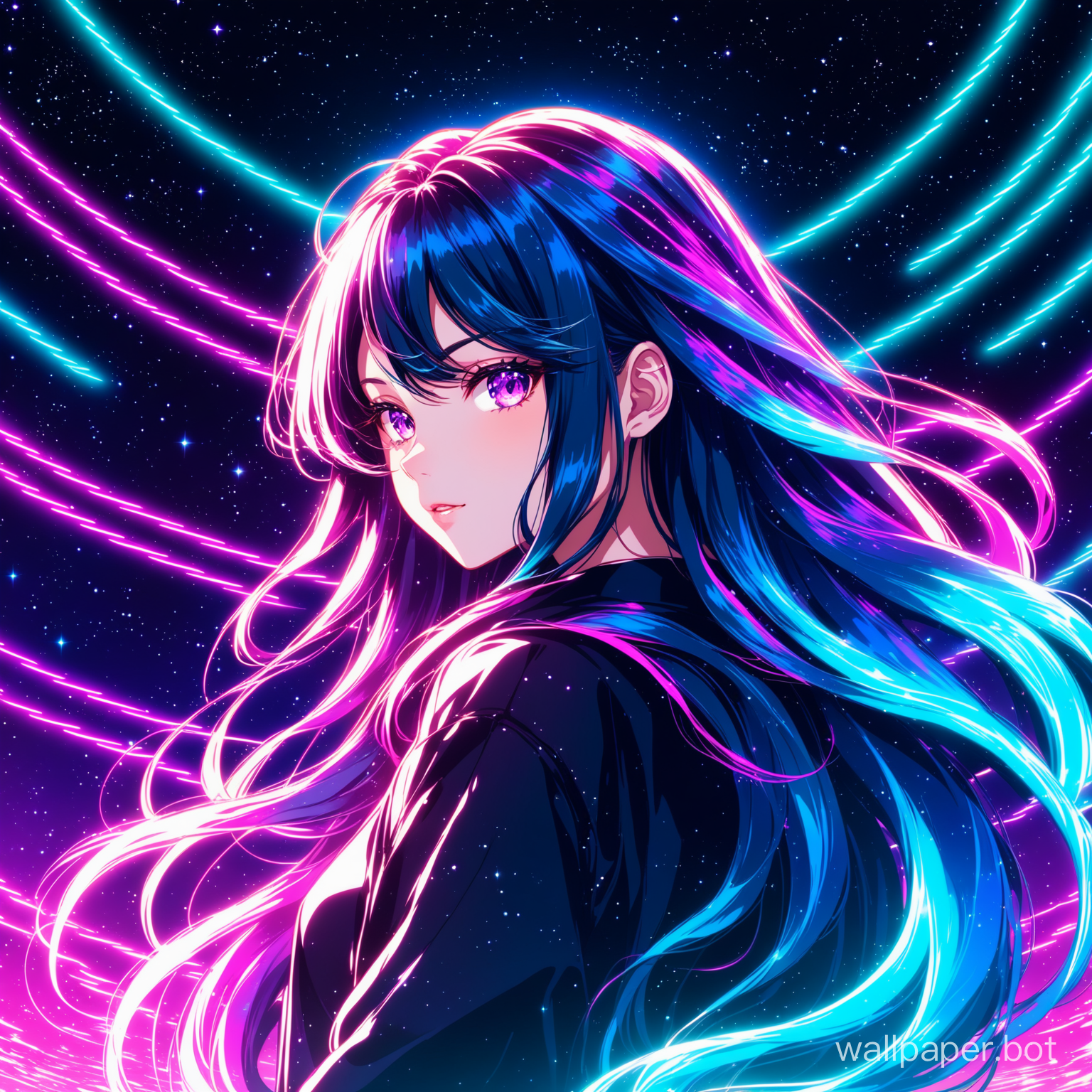 "Cool girl with long hair, neon lights, glowing waves, anime style, universe hairstyle, digital art"