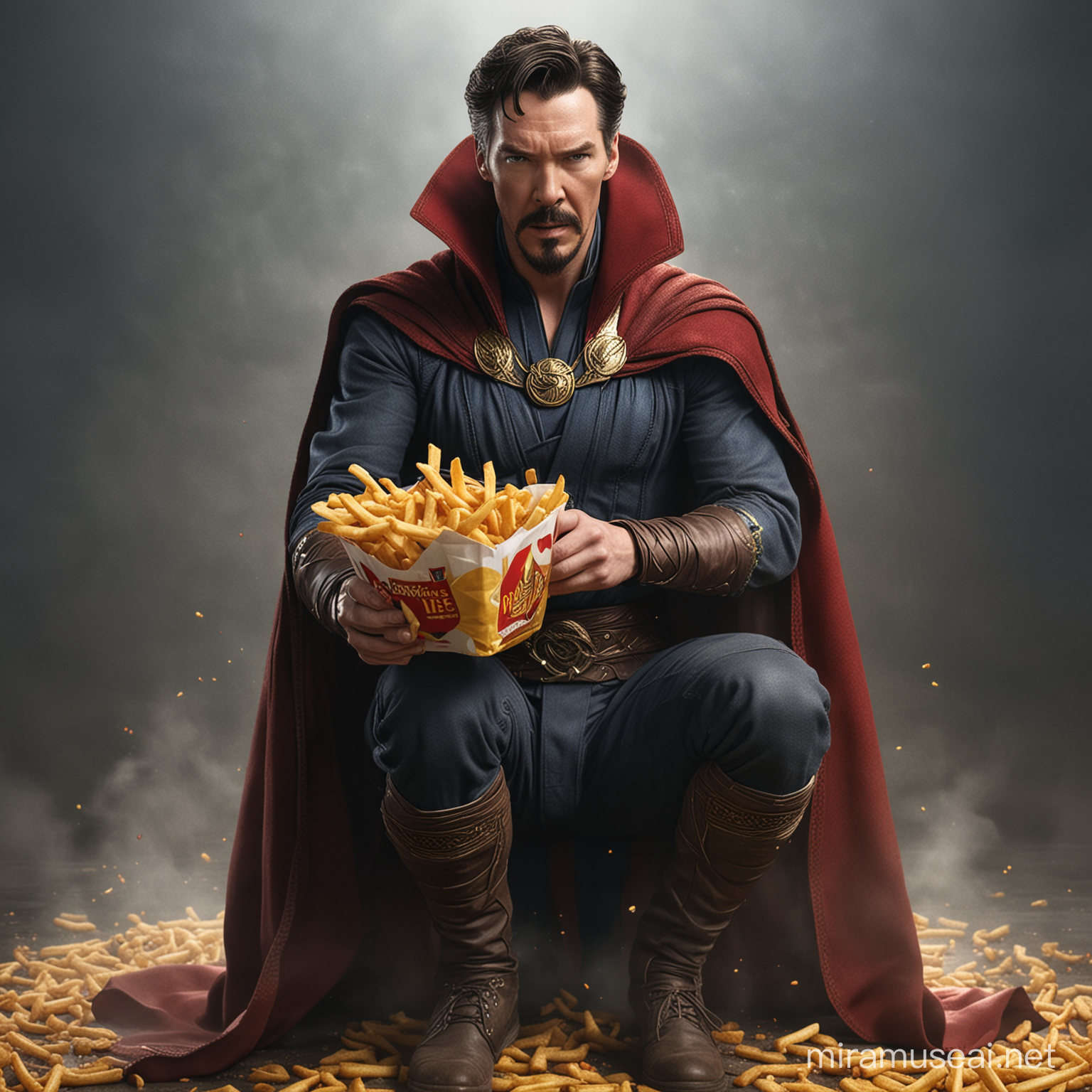 dr. strange in full body stuffing his face with mc donalds french fries while fighting 
