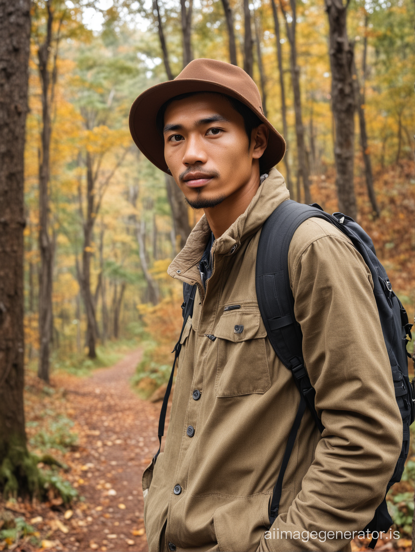 25 years old Indonesia man, wearing hat, outfit traveler, eye level angle, hiking, autumn forest