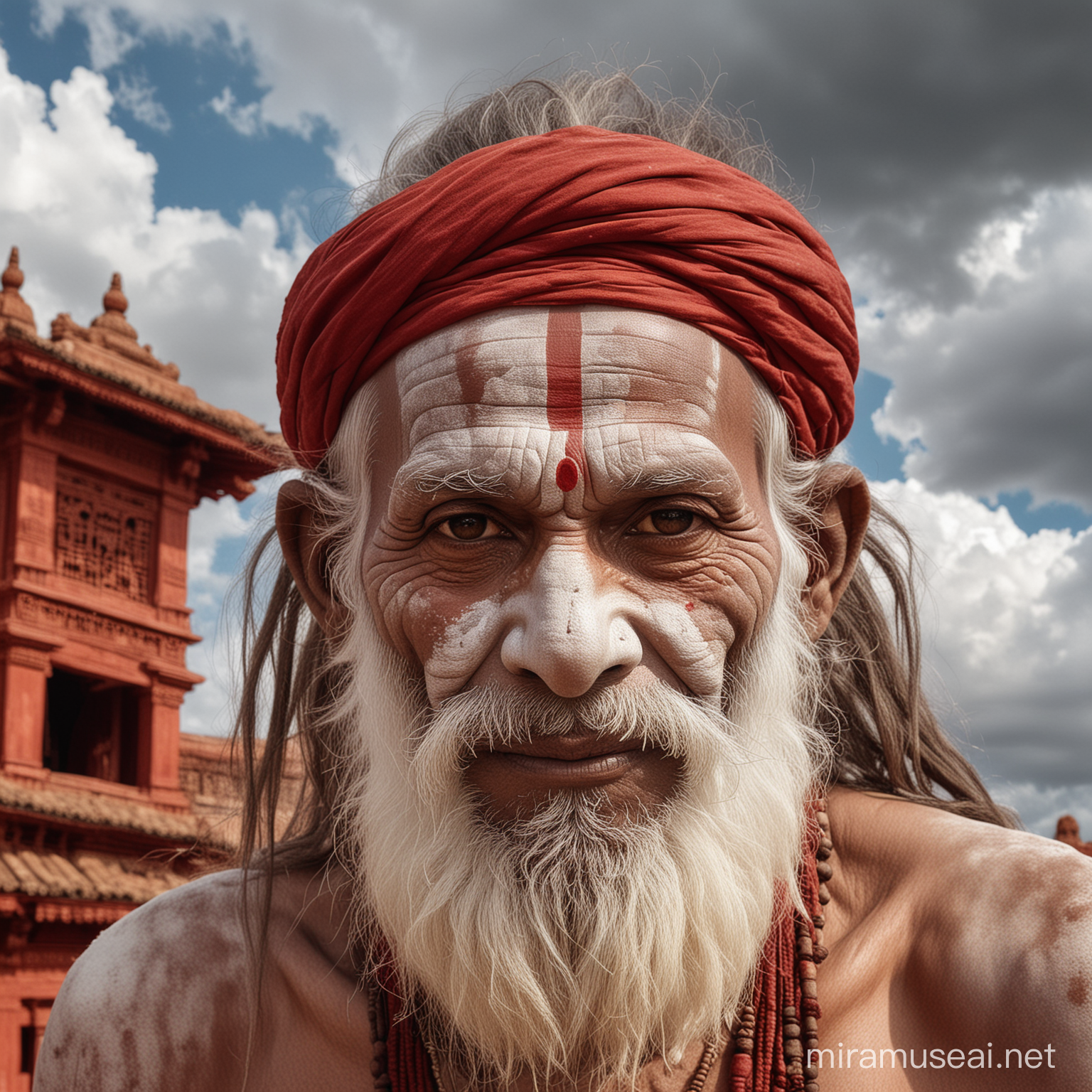 Rajasthan Sadhu in Front of Ancient Red Temple under Cloudy Sky Photorealistic Fuji XT3 Detailed Art