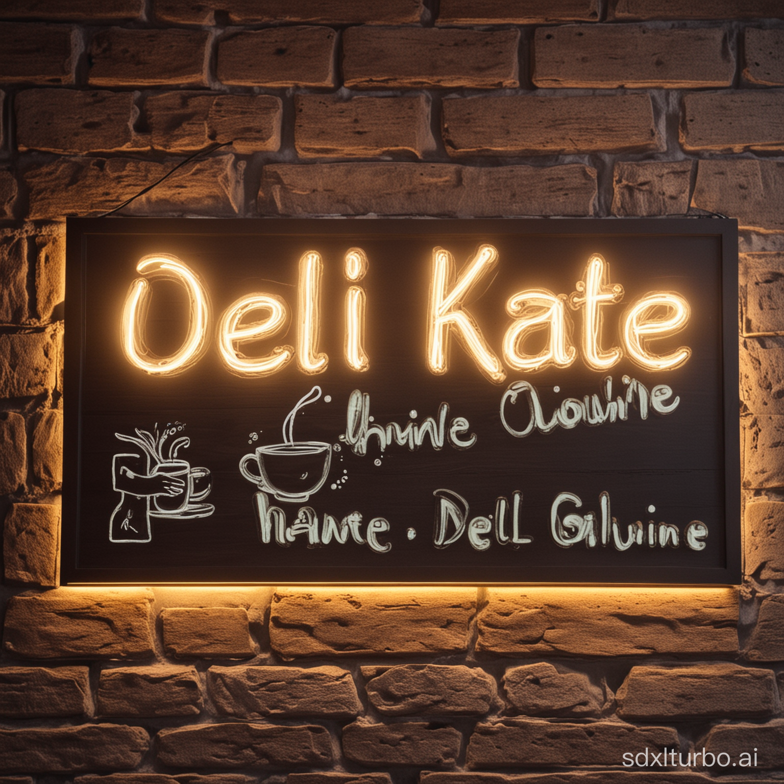 Cafe  named "Deli- Kate". Board with glowshine lighting 