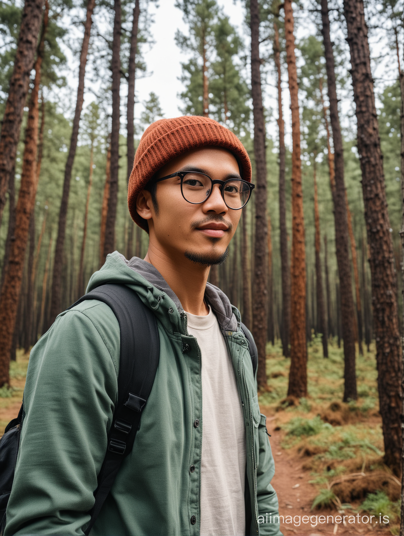 25 years old Indonesia man, wearing beanie hat, glasses, outfit traveler, standing pose, eye level angle, hiking, pine forest
