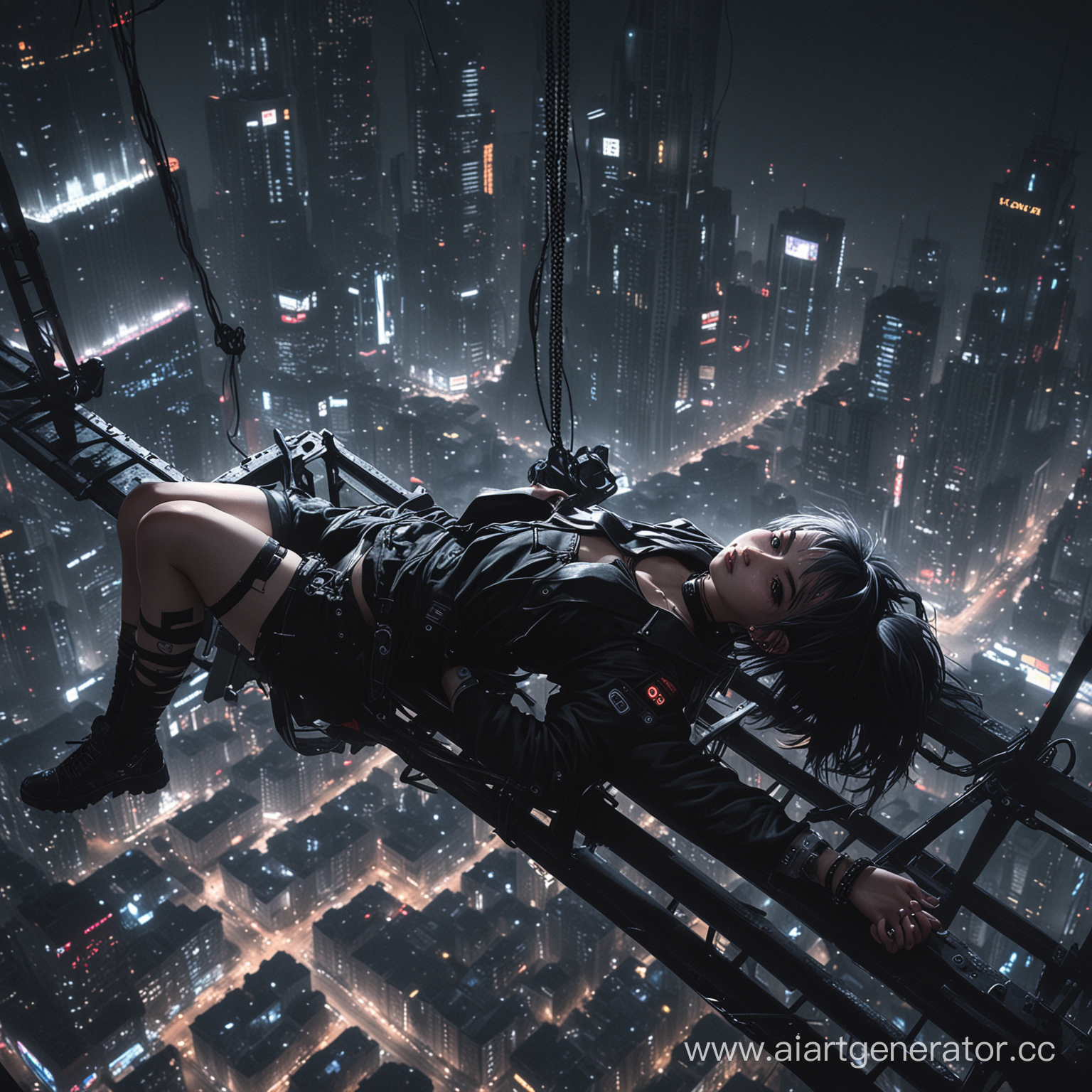 cyberpunk dark style, anime emo girl with piercing, detail light and shadown, dynamic frame and the perspective from above, the girl is lying on the edge of the lifting crane of the night skyscraper