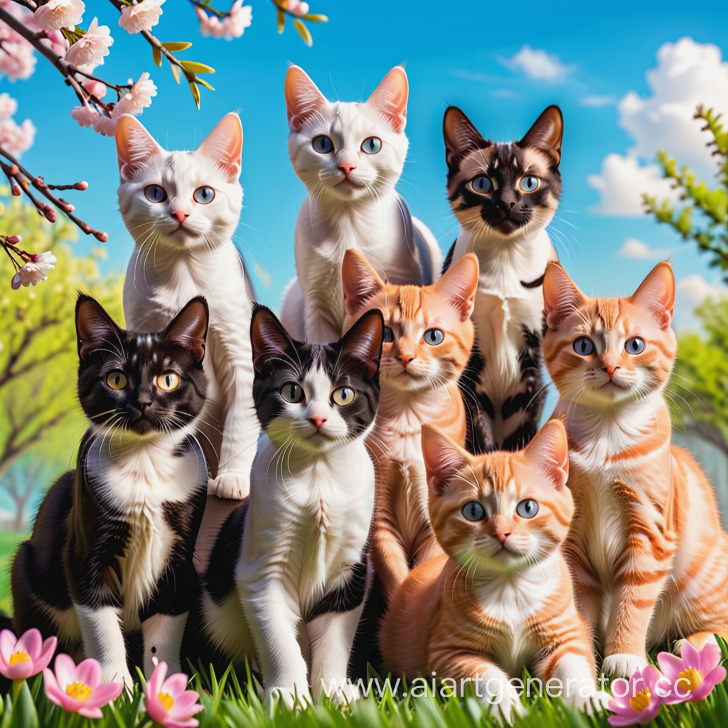 7 cats on a spring background