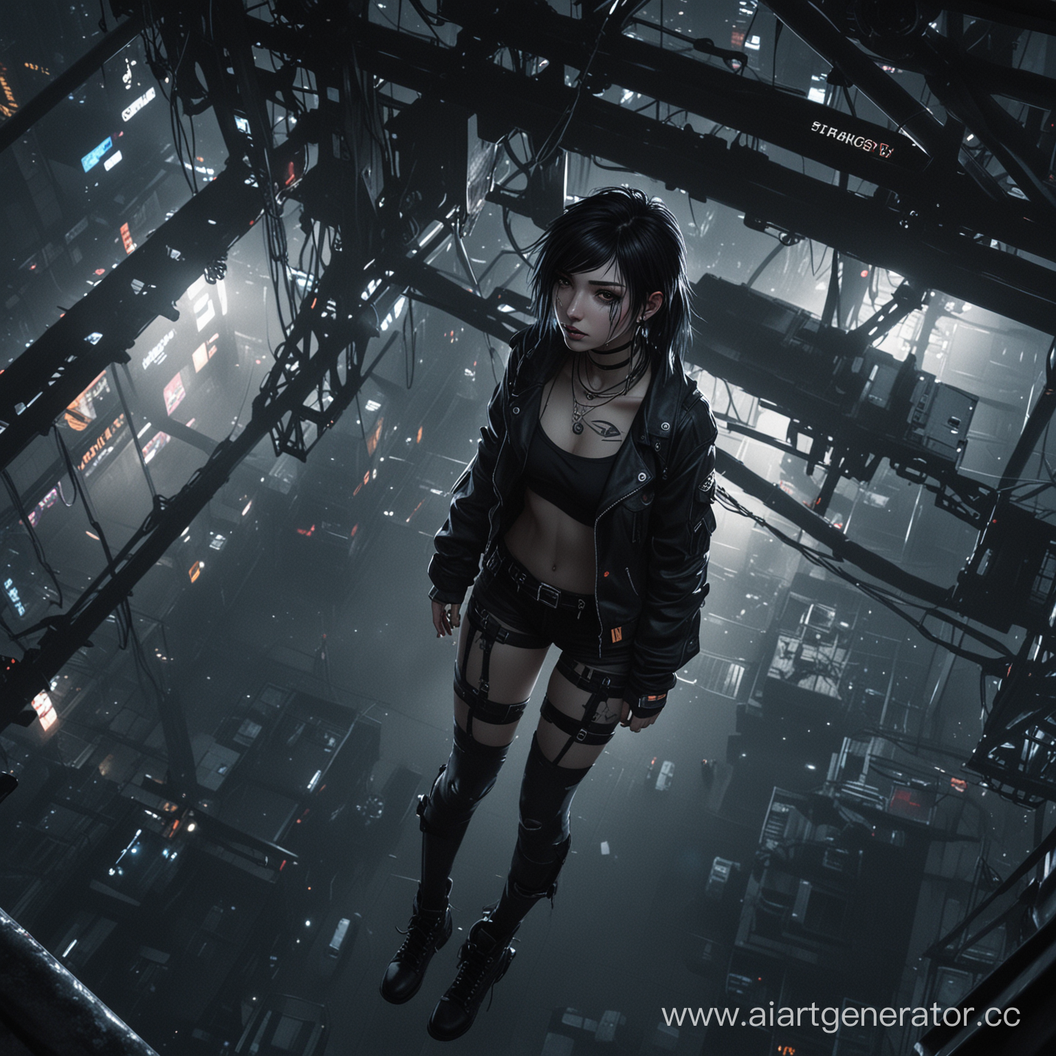 cyberpunk dark style, anime emo girl with piercing,detail light and shadown, dynamic frame and the perspective from above, the girl is lying on the edge of the lifting crane 