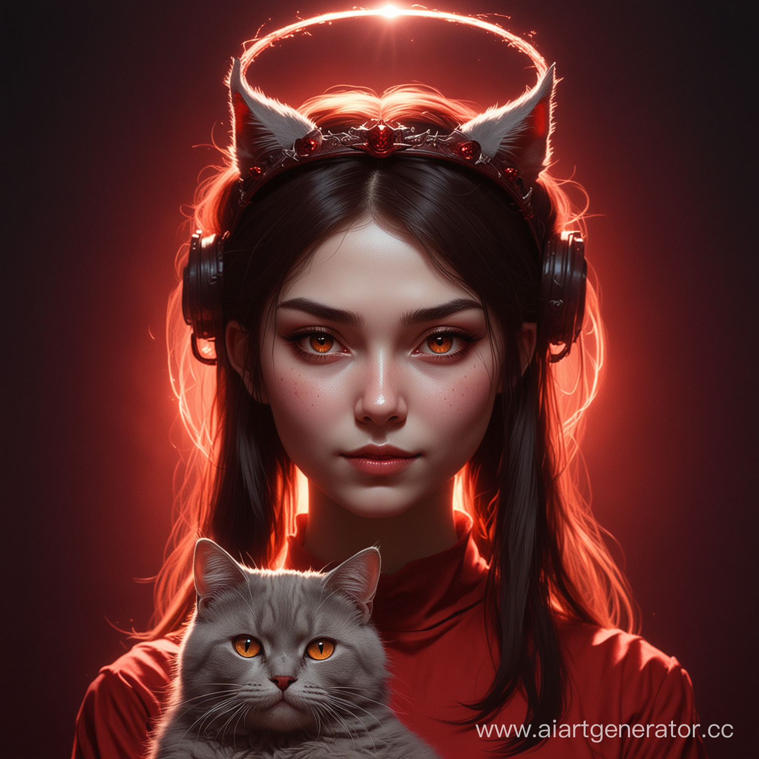 Девушка (демон) с котом красивая, нимб над девушкой головой, темно-красный фон