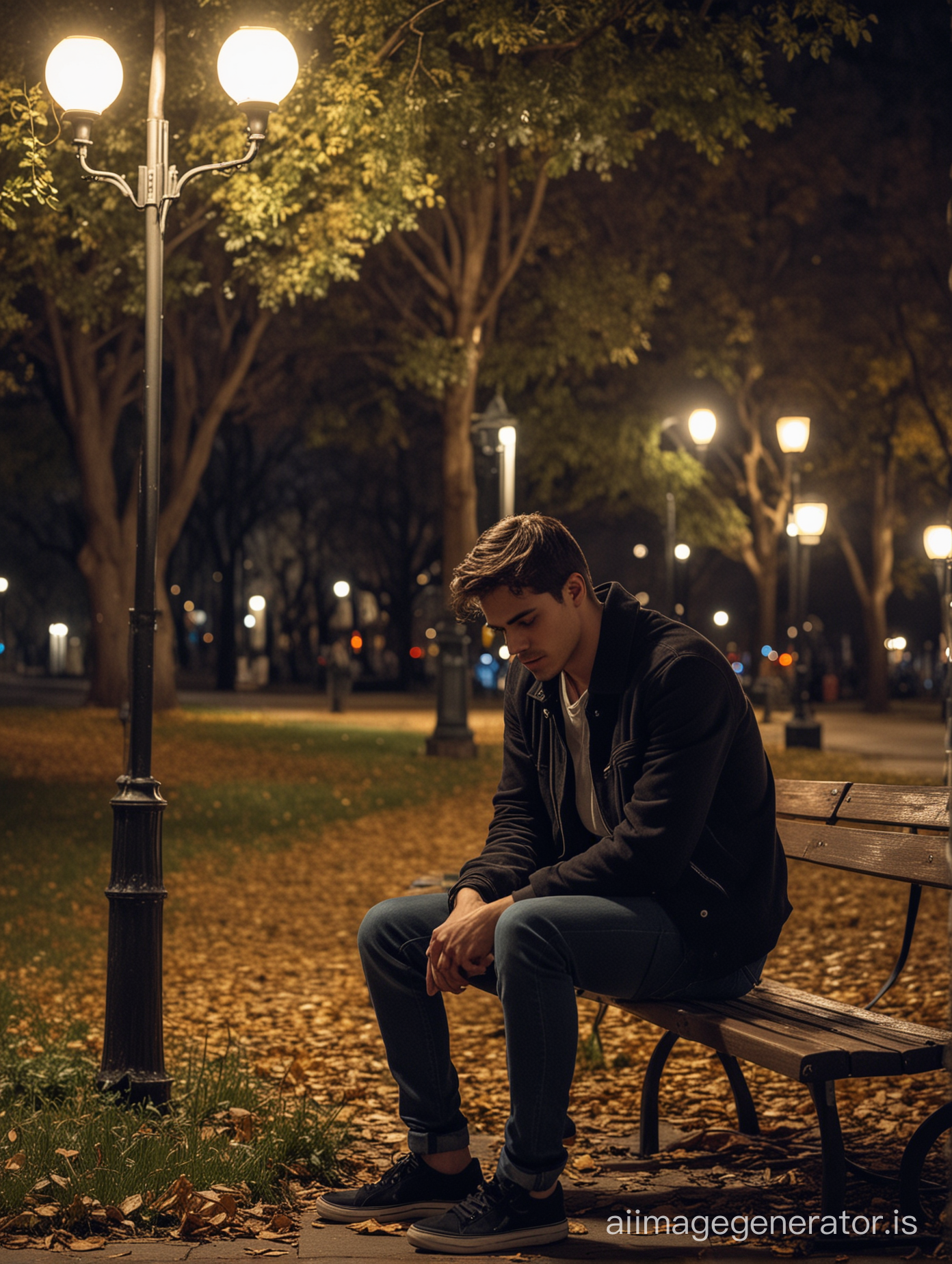 A  23 handsome guy sitting alone in a park at night, lamp lights, he look sad 