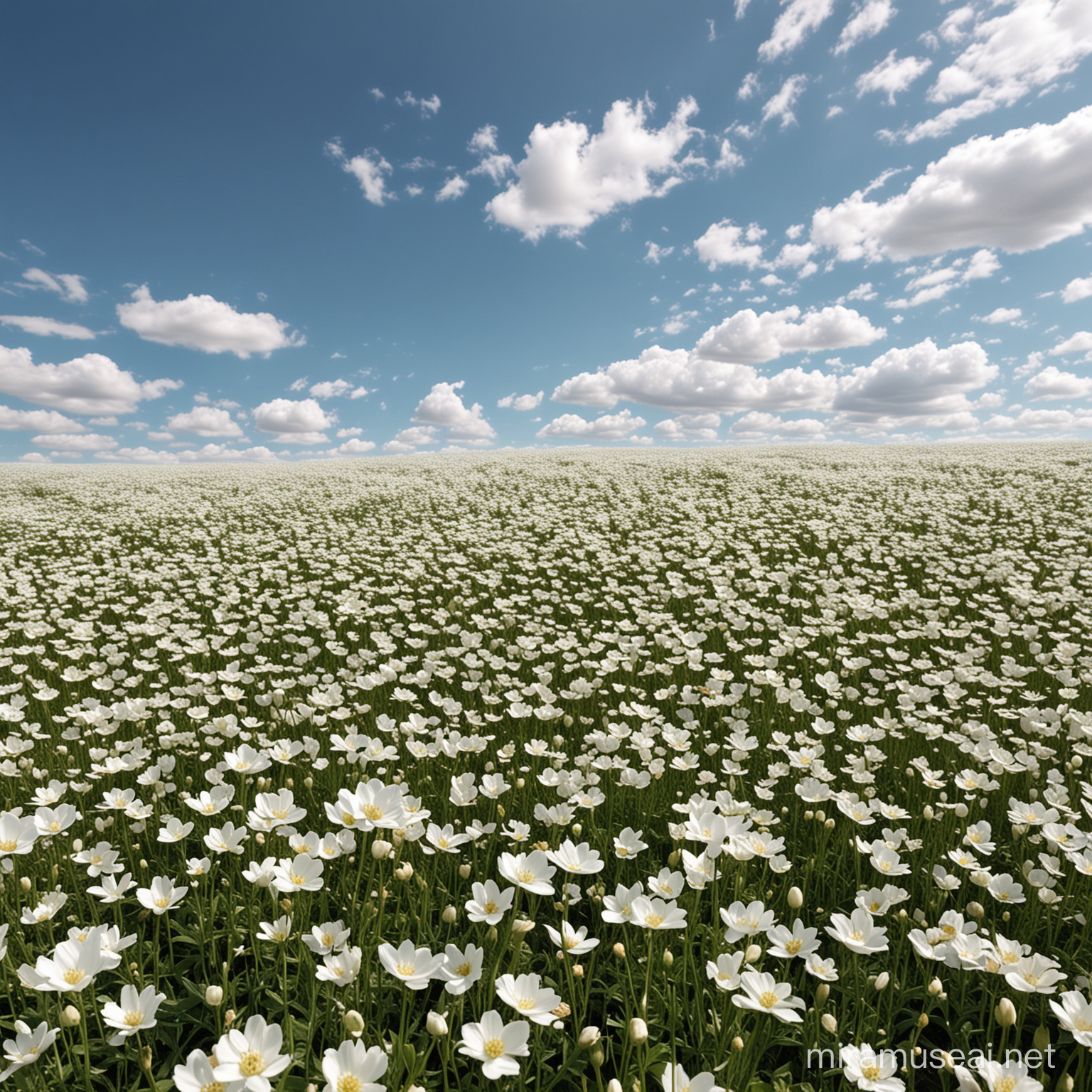 long shot of a field full of white flowers with sky background, realistic