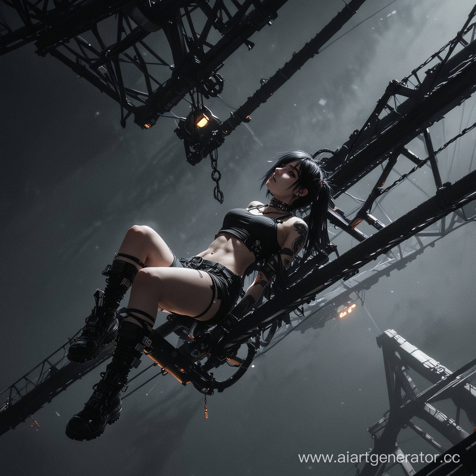 cyberpunk dark style, anime emo girl with piercing, the girl is lying on the edge of the lifting crane, detail light and shadows, dynamic frame and the perspective from above